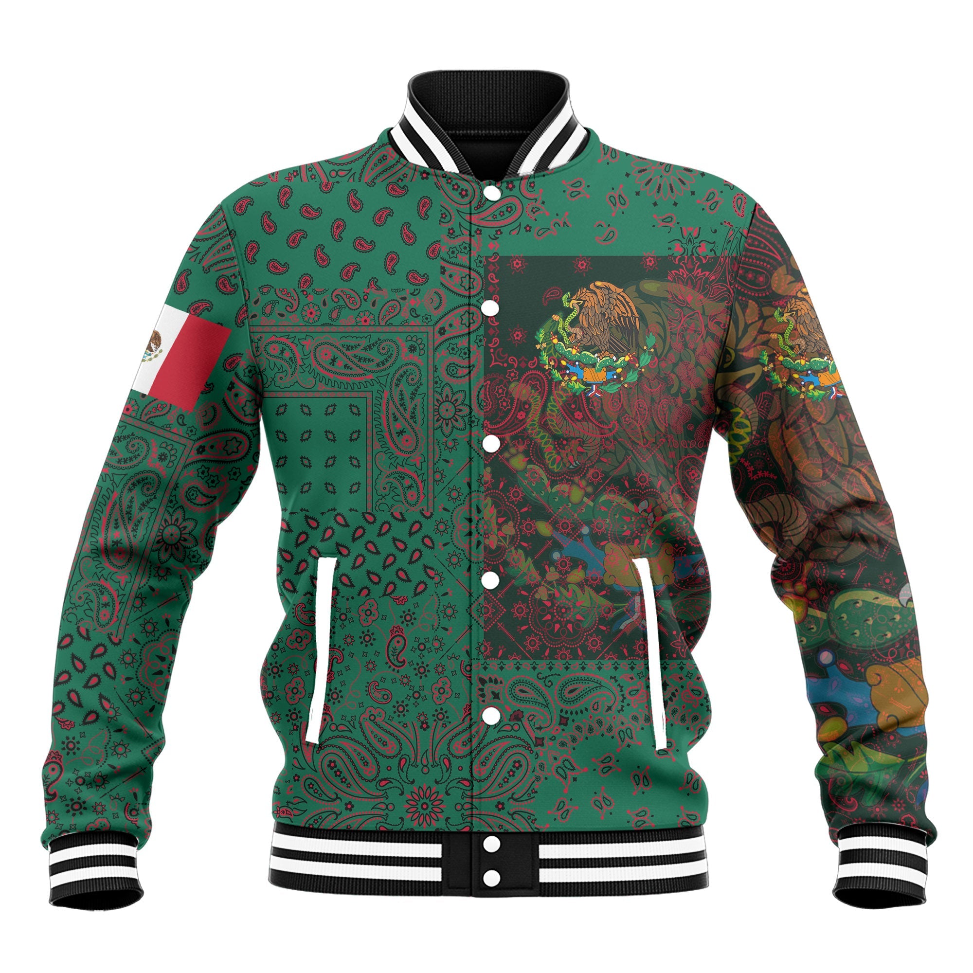 Mexico Baseball Jacket Paisley Flag And Skull Style 2