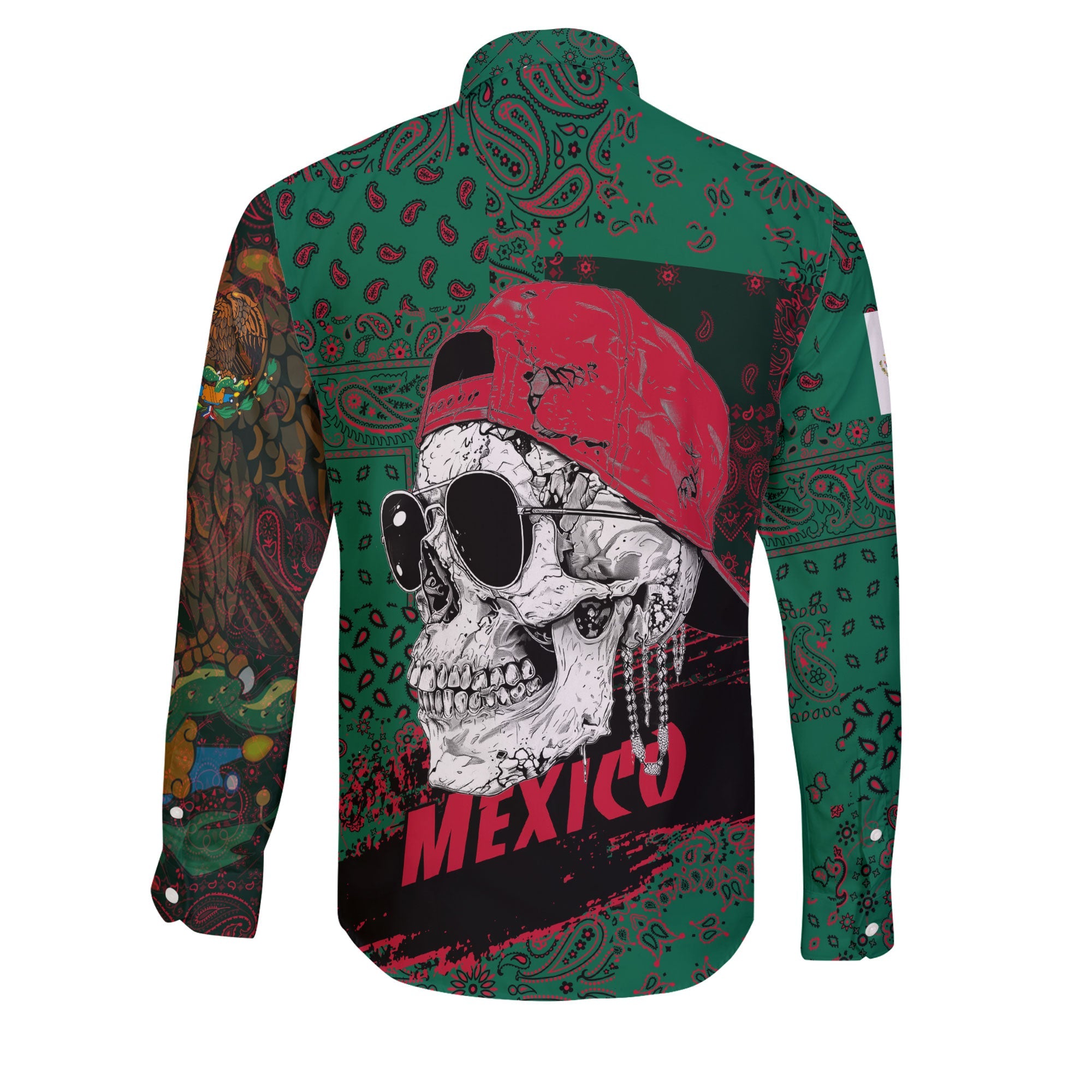 Mexico Long Sleeve Button Shirt Paisley Flag And Skull Style 2