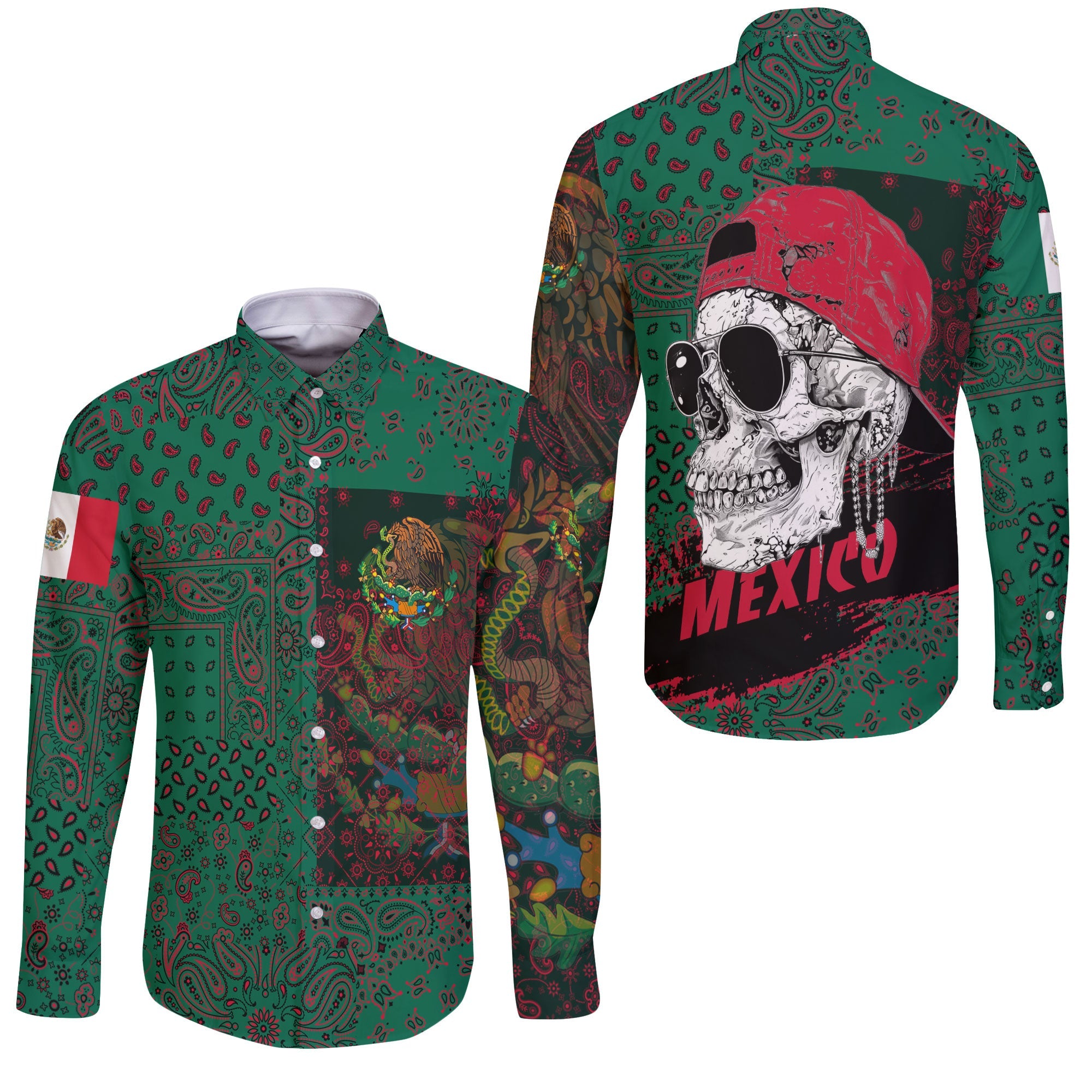 Mexico Long Sleeve Button Shirt Paisley Flag And Skull Style 3