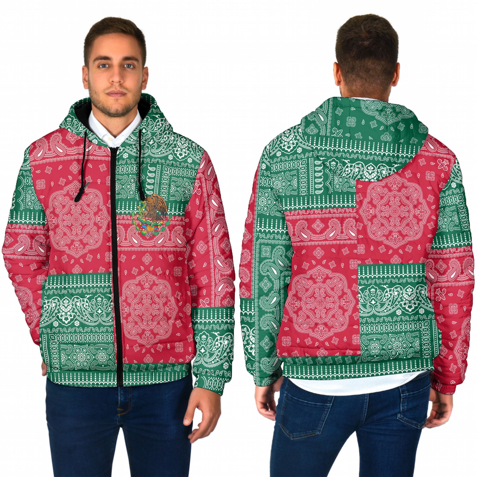 Mexico Men Hooded Padded Jacket Flag And Paisley Basic Style 1