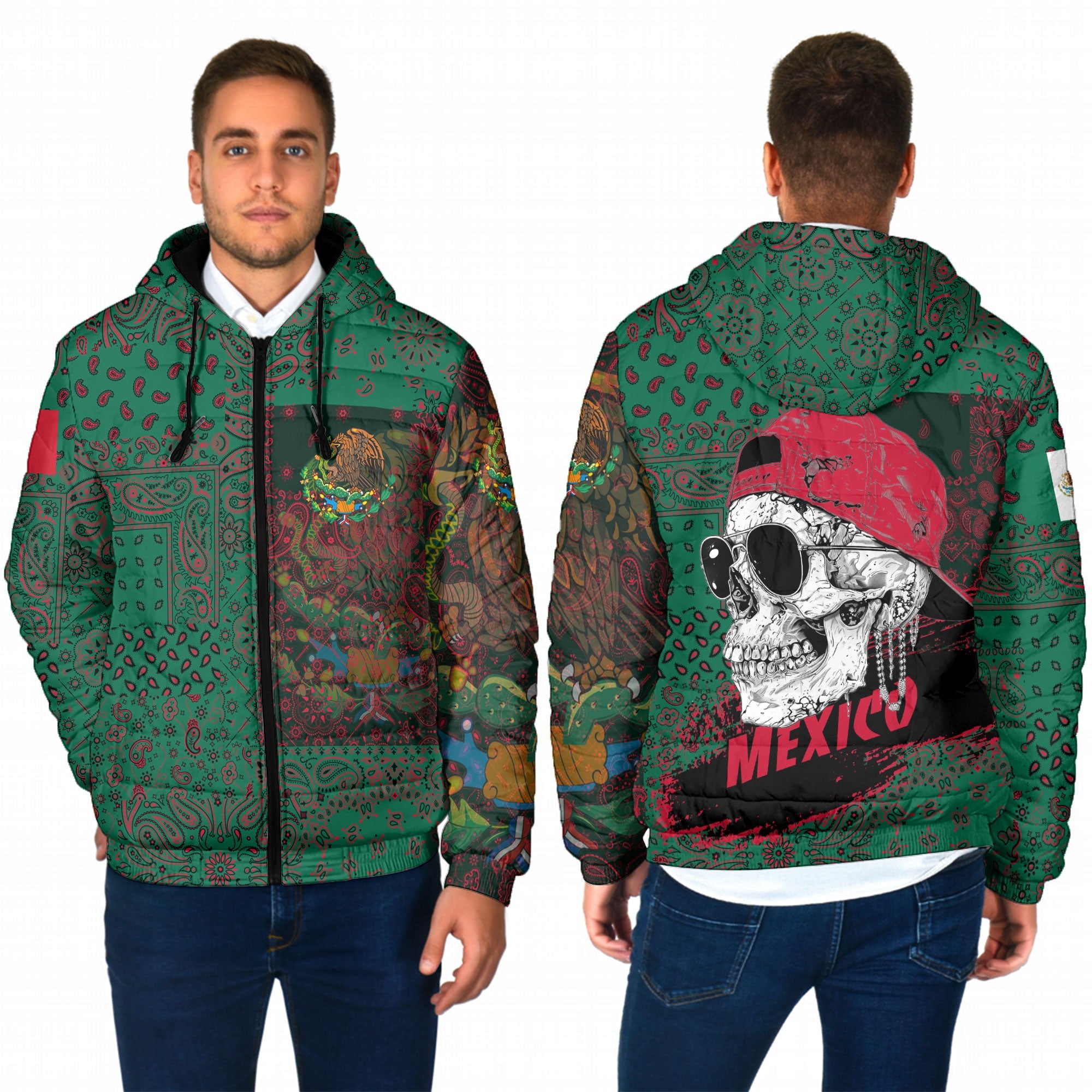 Mexico Men Hooded Padded Jacket Paisley Flag And Skull Style 1