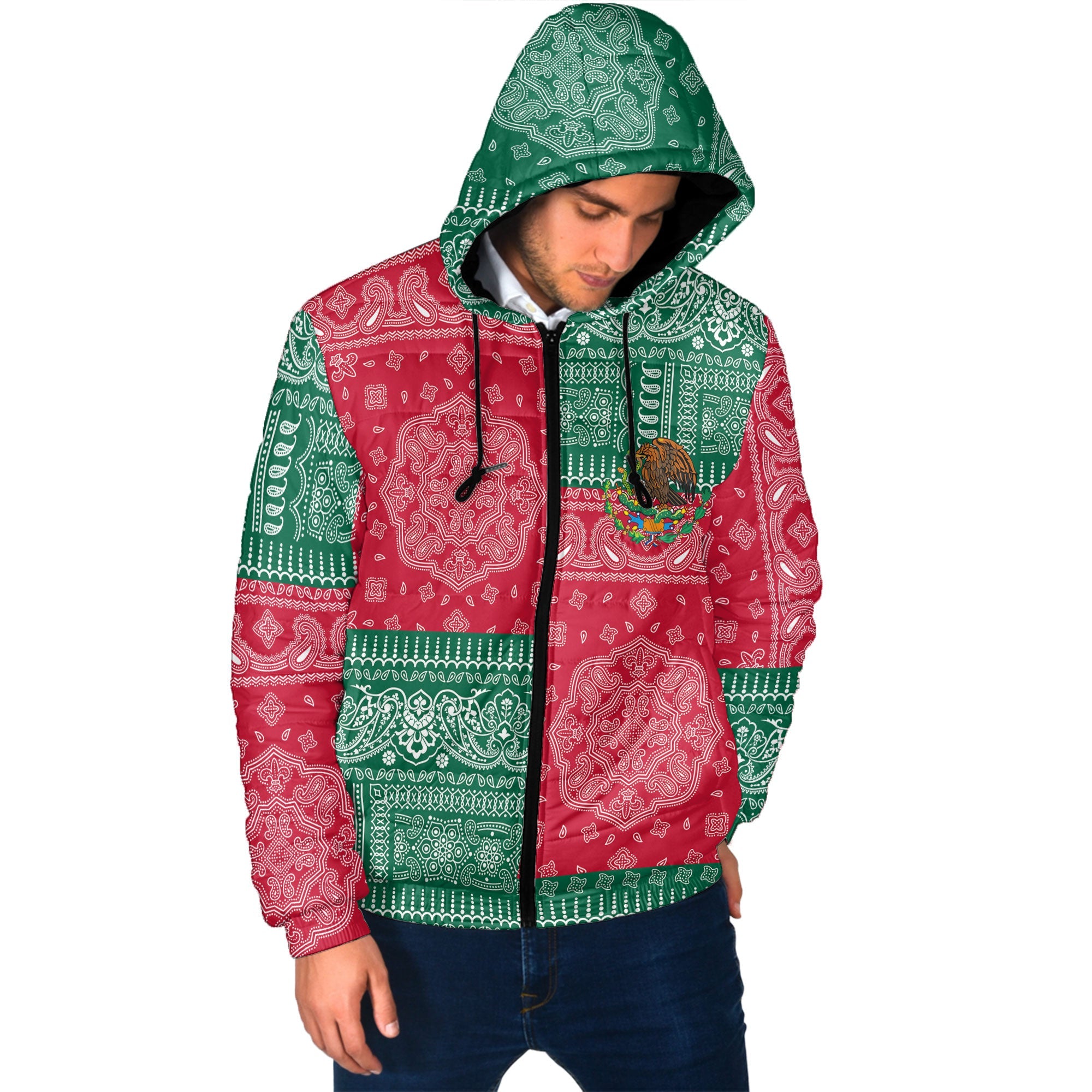 Mexico Men Hooded Padded Jacket Flag And Paisley Basic Style 2