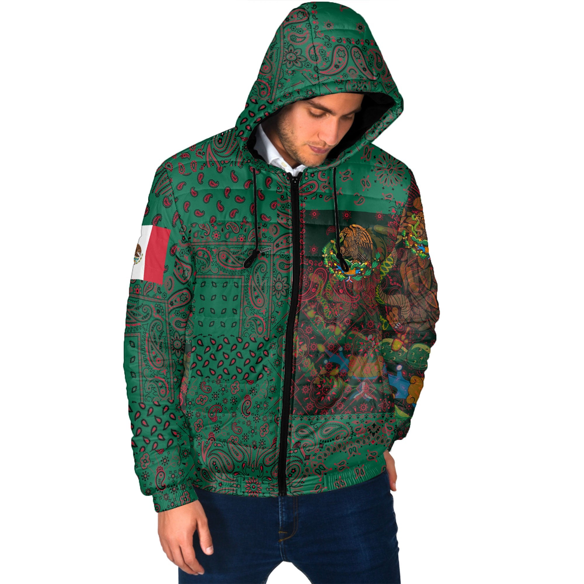 Mexico Men Hooded Padded Jacket Paisley Flag And Skull Style 2