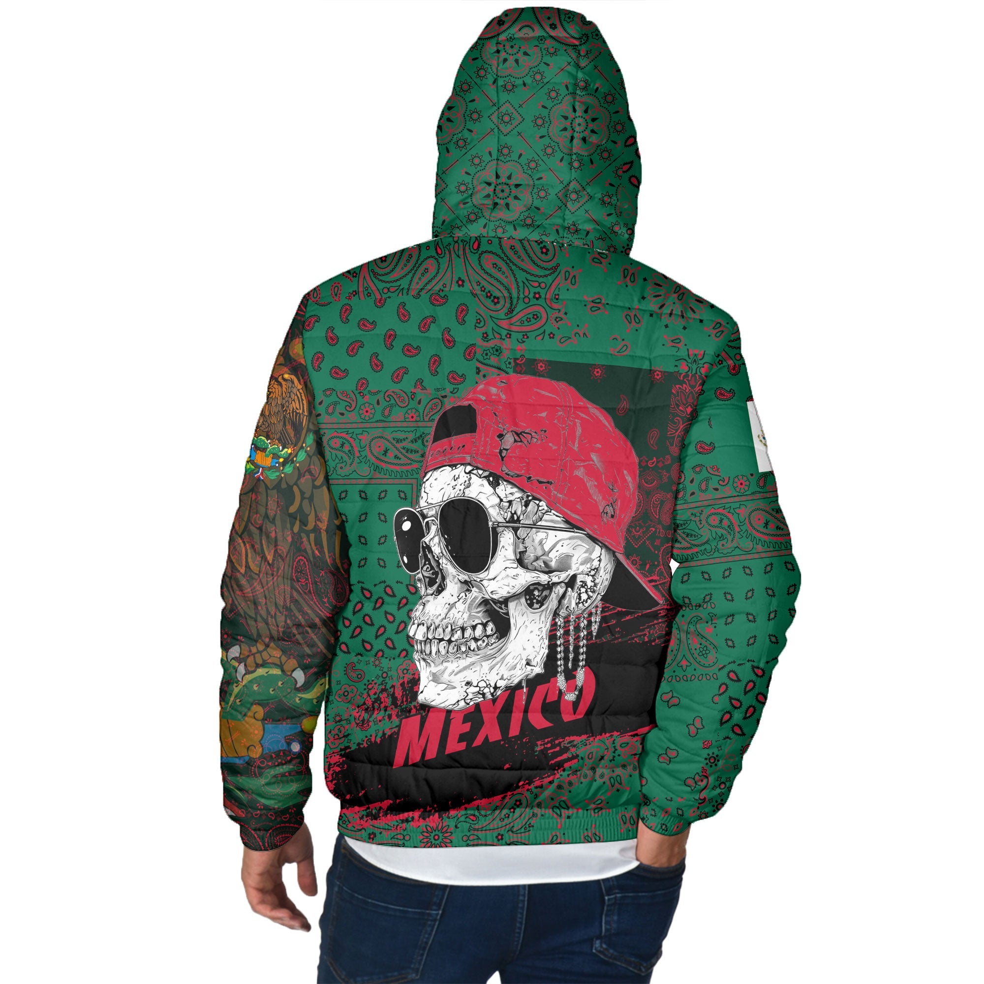 Mexico Men Hooded Padded Jacket Paisley Flag And Skull Style 3