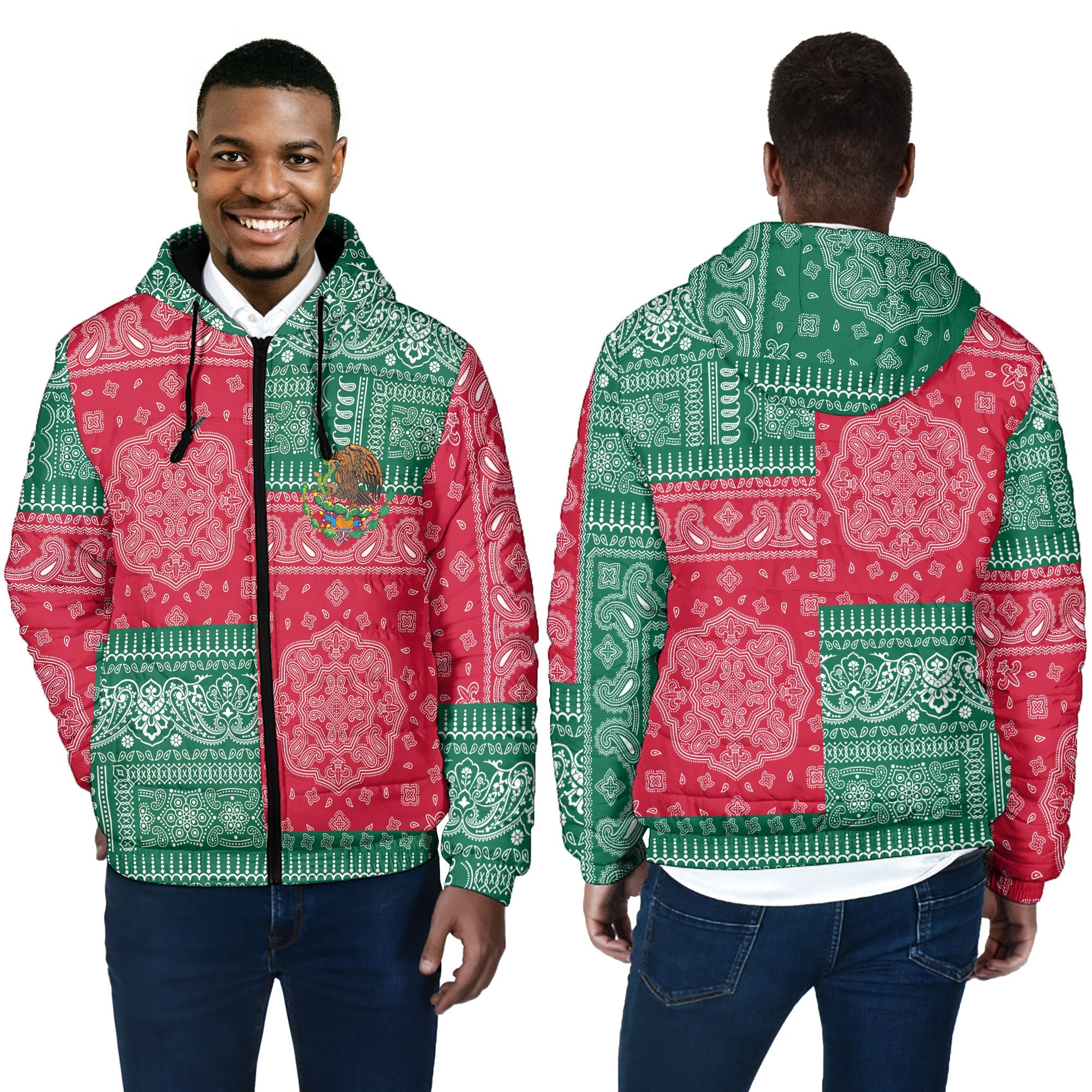 Mexico Men Hooded Padded Jacket Flag And Paisley Basic Style 4