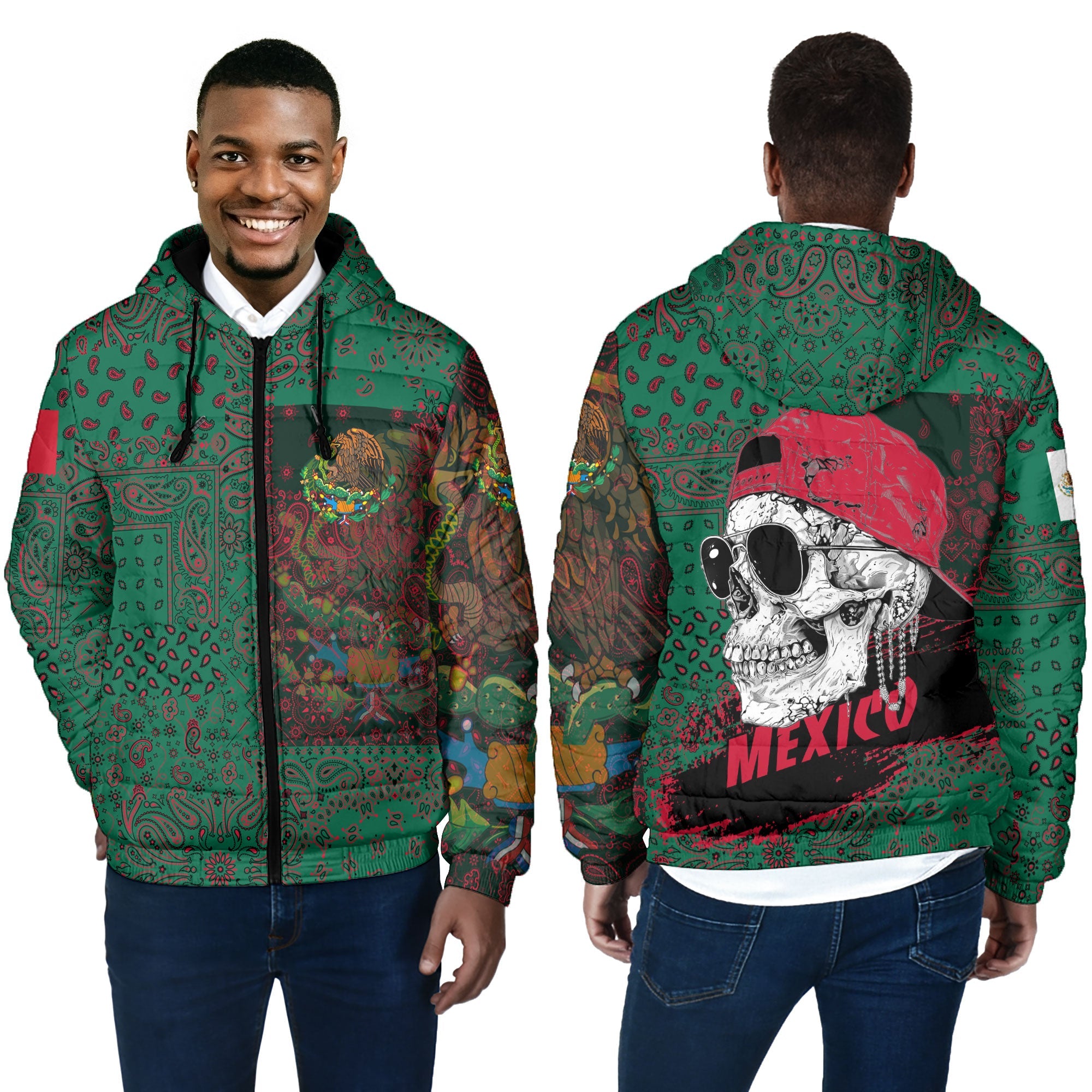 Mexico Men Hooded Padded Jacket Paisley Flag And Skull Style 4