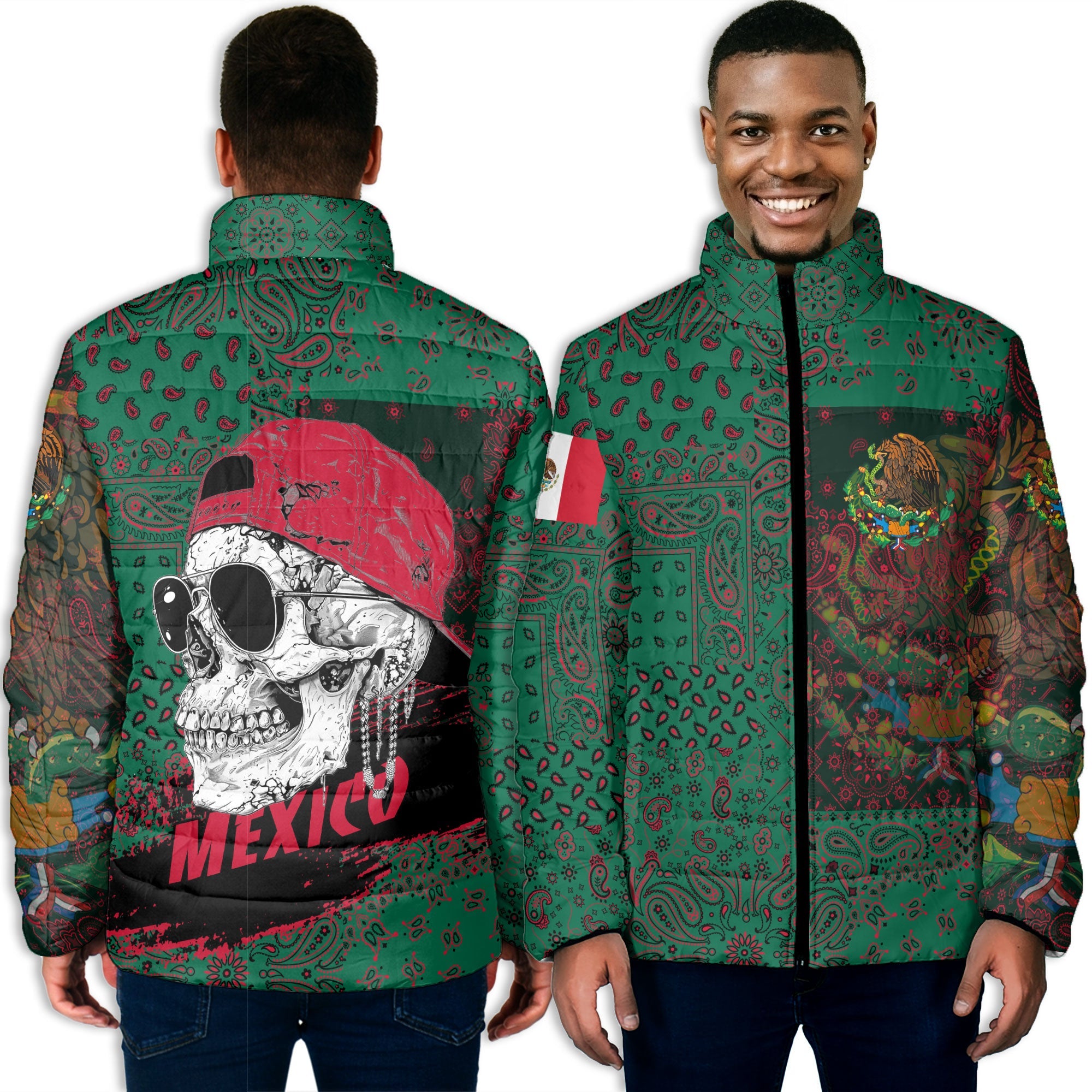 Mexico Men Padded Jacket Paisley Flag And Skull Style 3