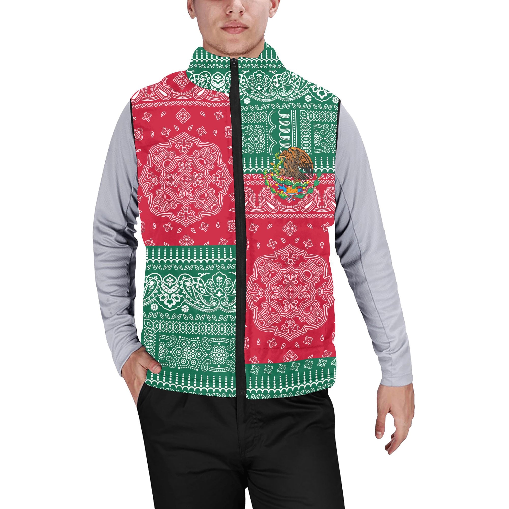 Mexico Men Padded Jacket Vest Flag And Paisley Basic Style 1