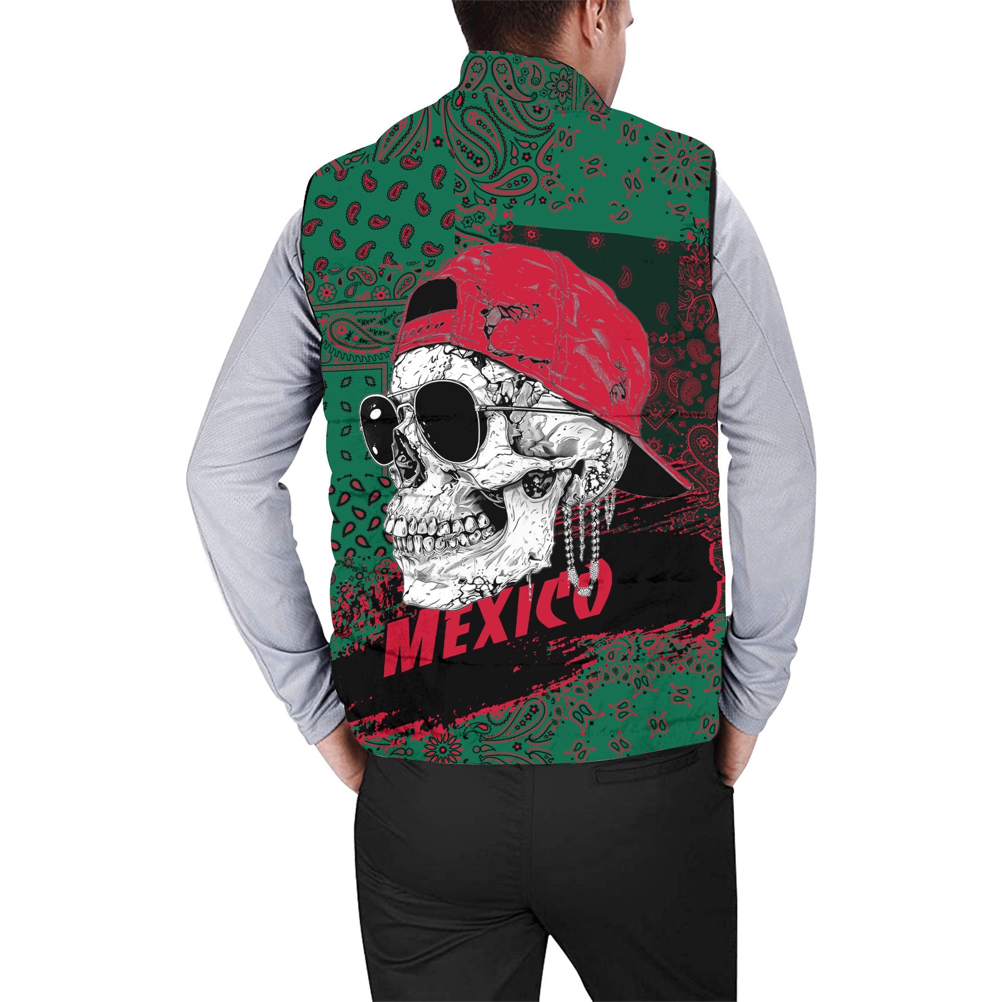 Mexico Men Padded Jacket Vest Paisley Flag And Skull Style 2