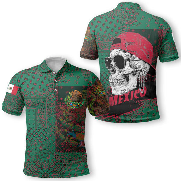 Mexico Polo Shirt Paisley Flag And Skull Style 1