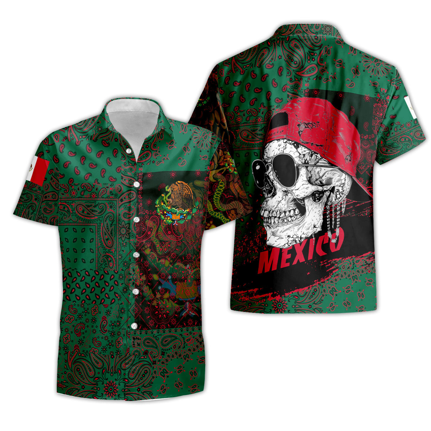 Mexico Short Sleeve Shirt Paisley Flag And Skull Style 3