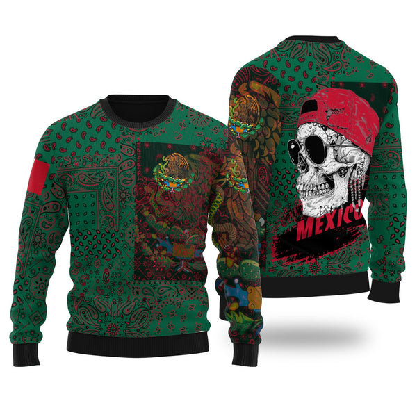 Mexico Ugly Sweater Paisley Flag And Skull Style 1