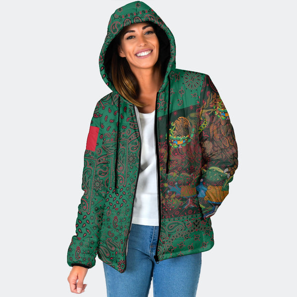 Mexico Women Hooded Padded Jacket Paisley Flag And Skull Style 1