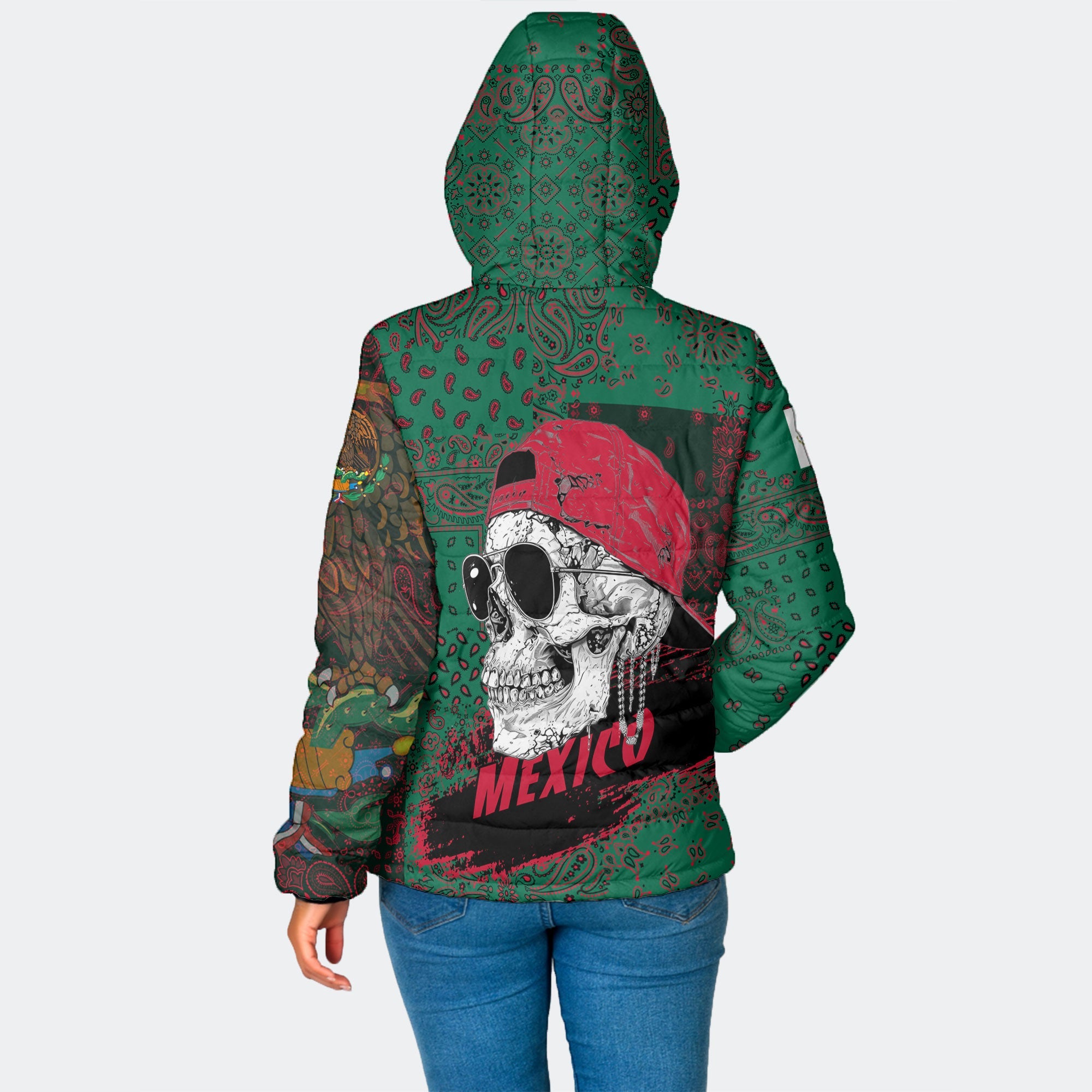 Mexico Women Hooded Padded Jacket Paisley Flag And Skull Style 2