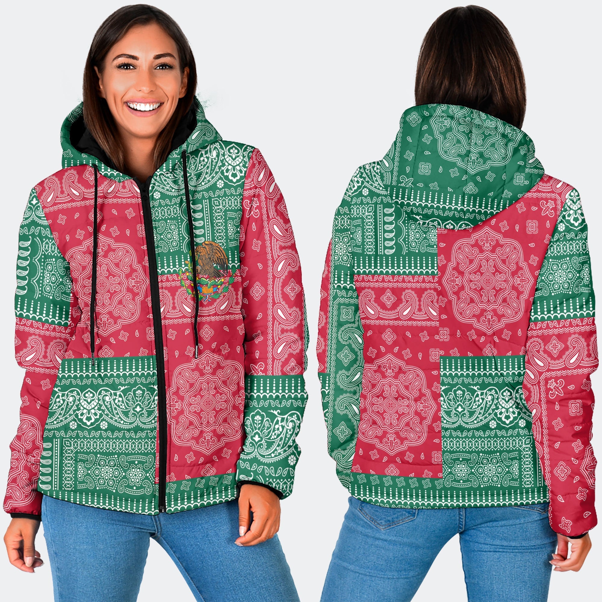 Mexico Women Hooded Padded Jacket Flag And Paisley Basic Style 3