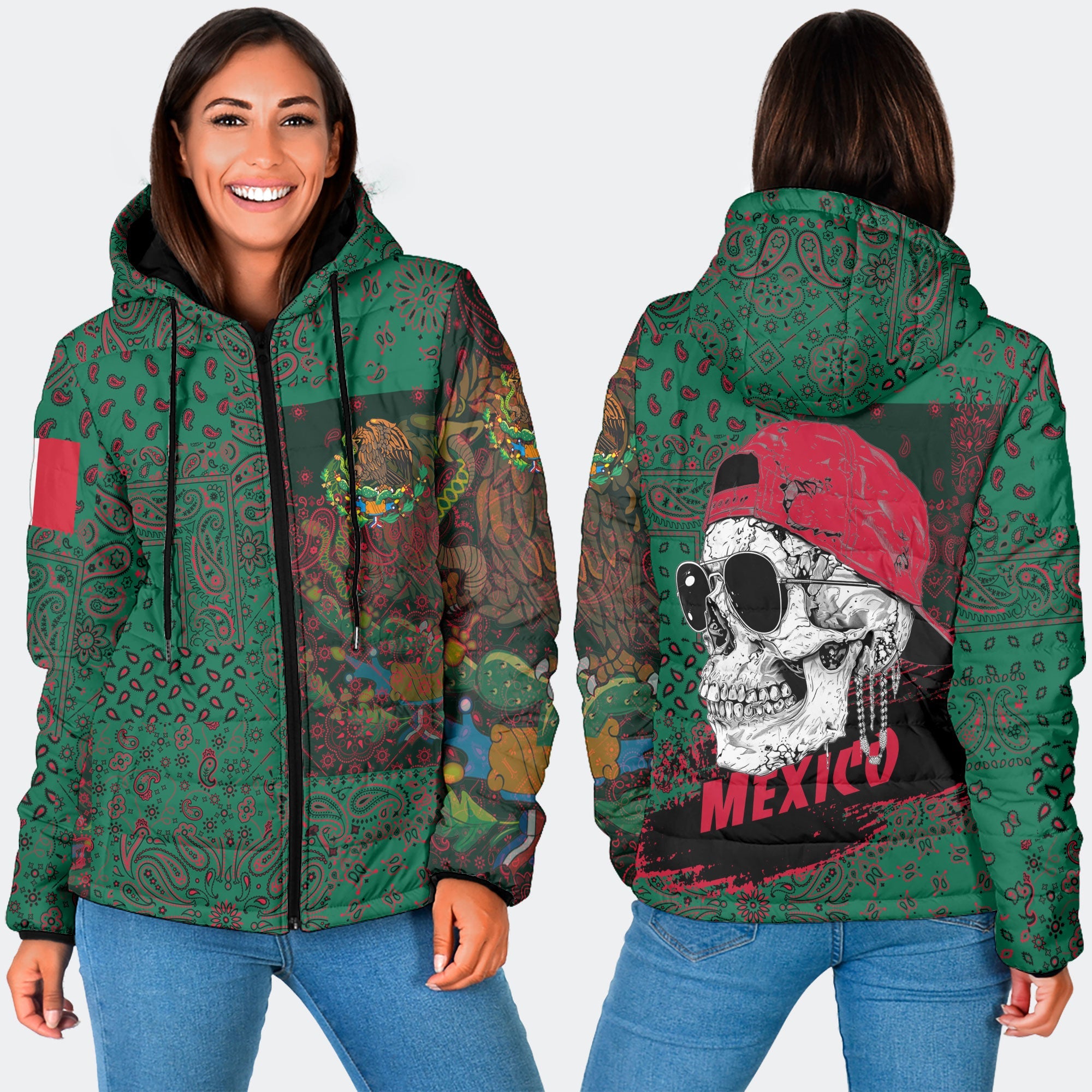 Mexico Women Hooded Padded Jacket Paisley Flag And Skull Style 3