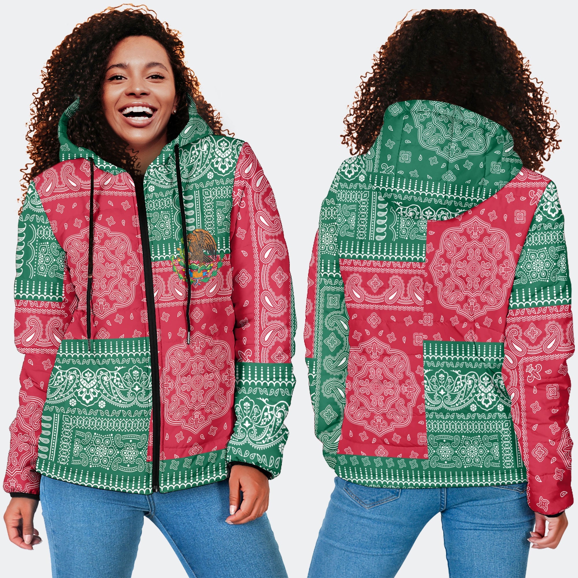 Mexico Women Hooded Padded Jacket Flag And Paisley Basic Style 2