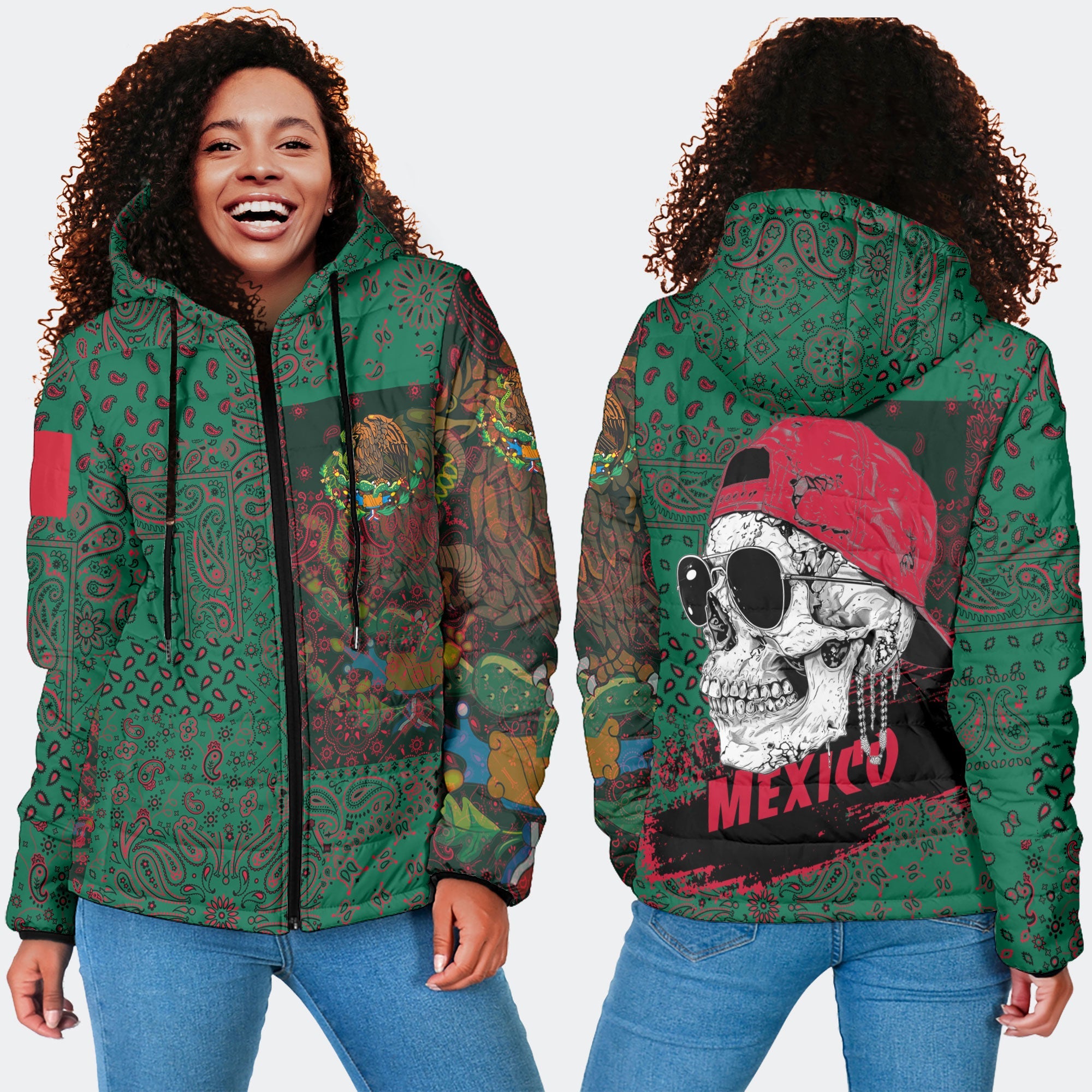 Mexico Women Hooded Padded Jacket Paisley Flag And Skull Style 2