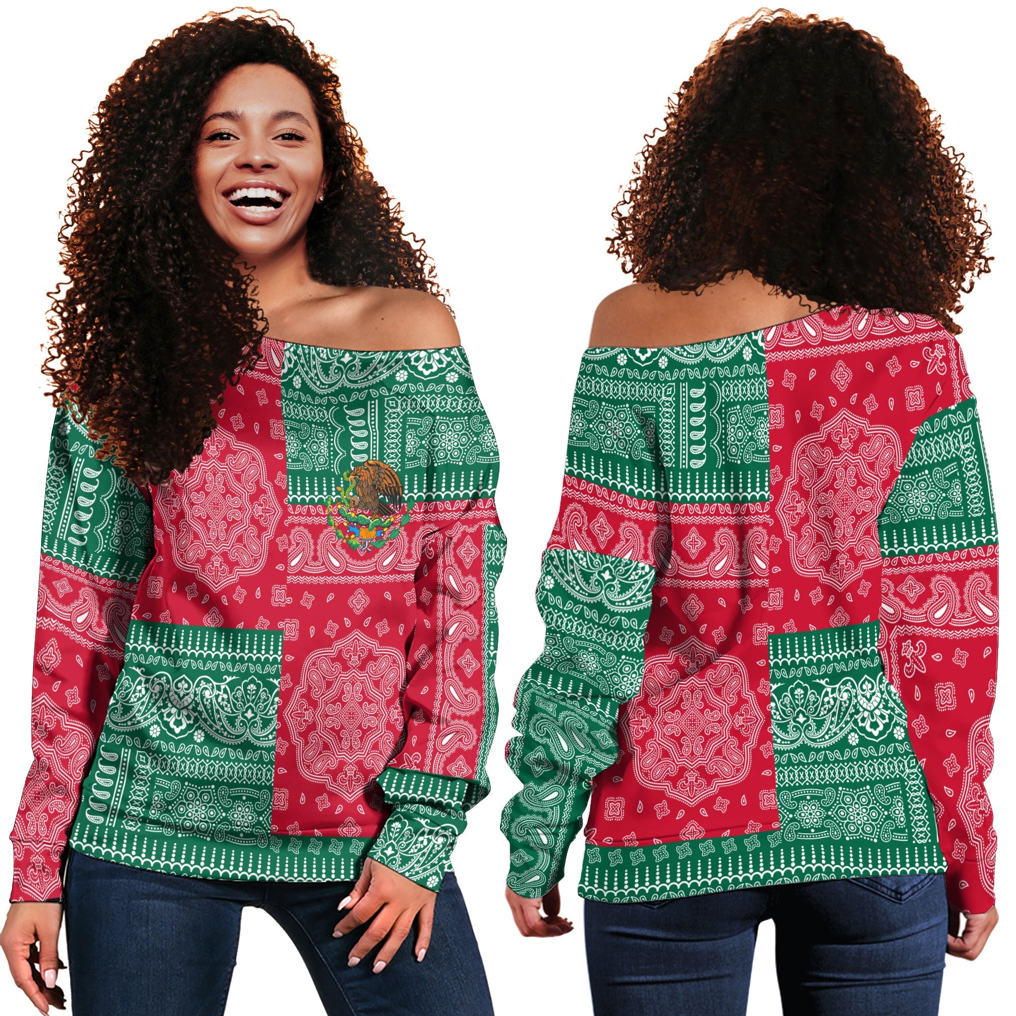 Mexico Women Off Shoulder Sweatshirt Flag And Paisley Basic Style 1