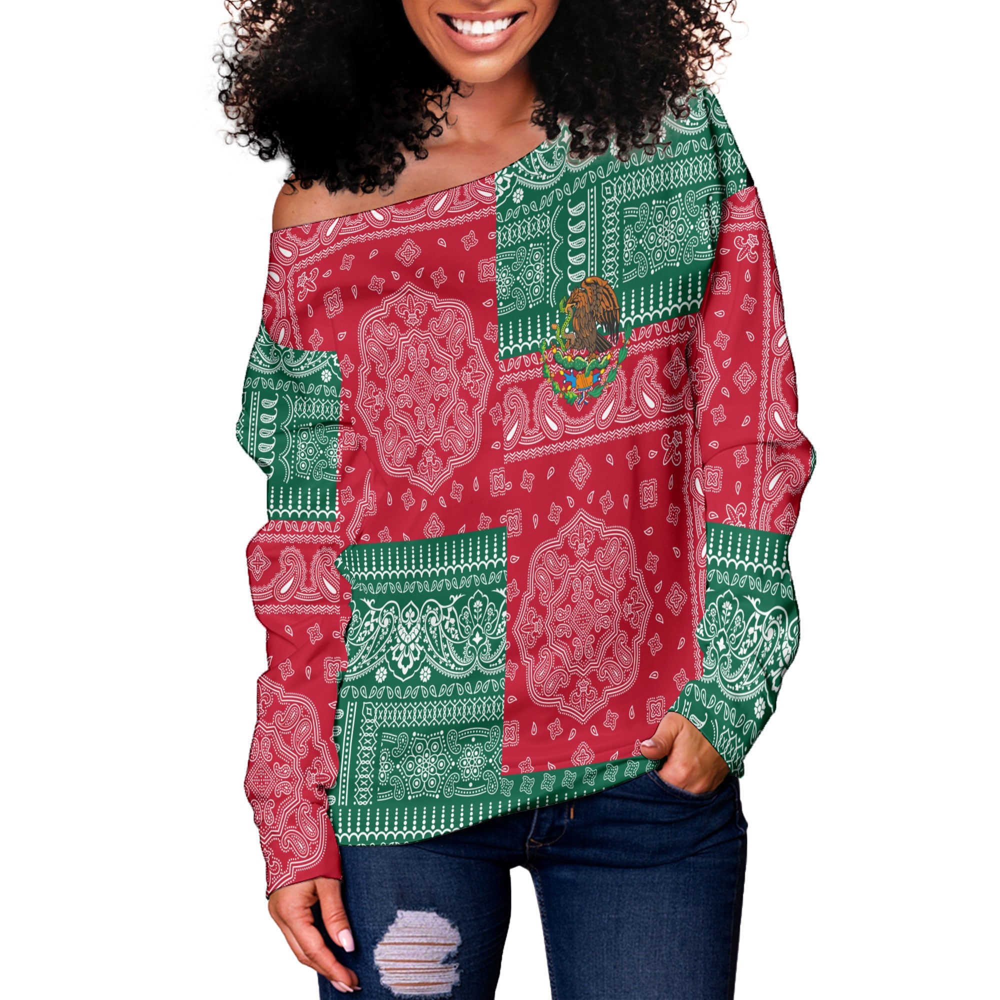 Mexico Women Off Shoulder Sweatshirt Flag And Paisley Basic Style 2