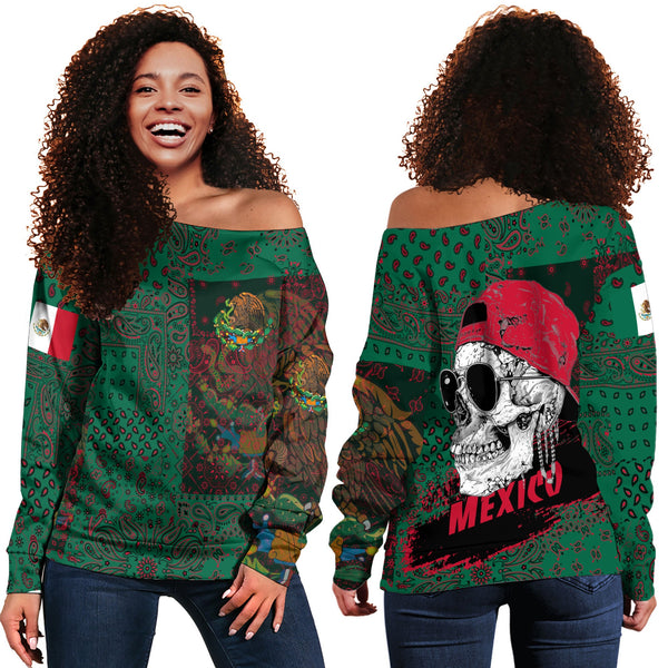 Mexico Women Off Shoulder Sweatshirt Paisley Flag And Skull Style 1