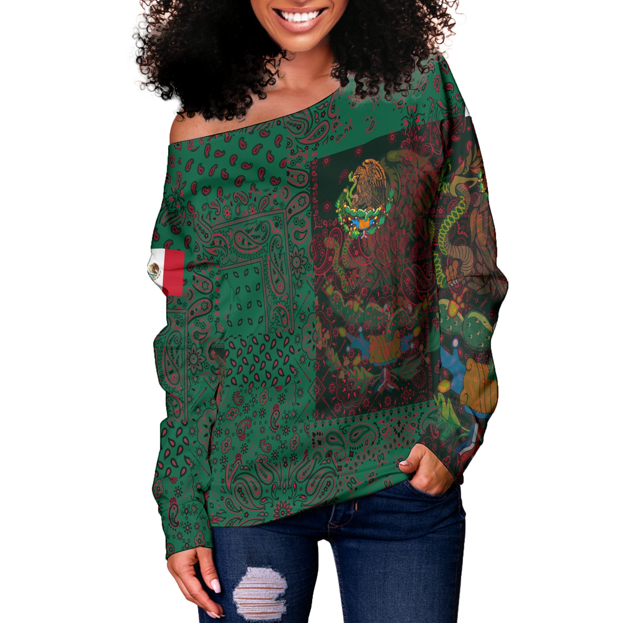 Mexico Women Off Shoulder Sweatshirt Paisley Flag And Skull Style 2