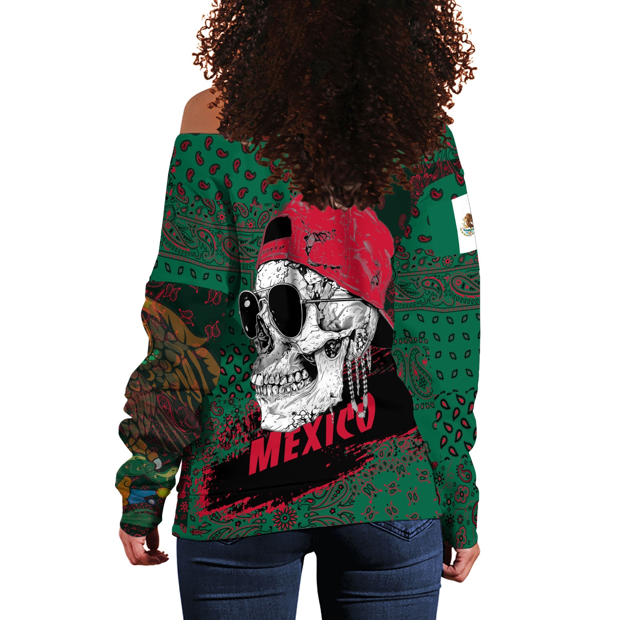 Mexico Women Off Shoulder Sweatshirt Paisley Flag And Skull Style 3