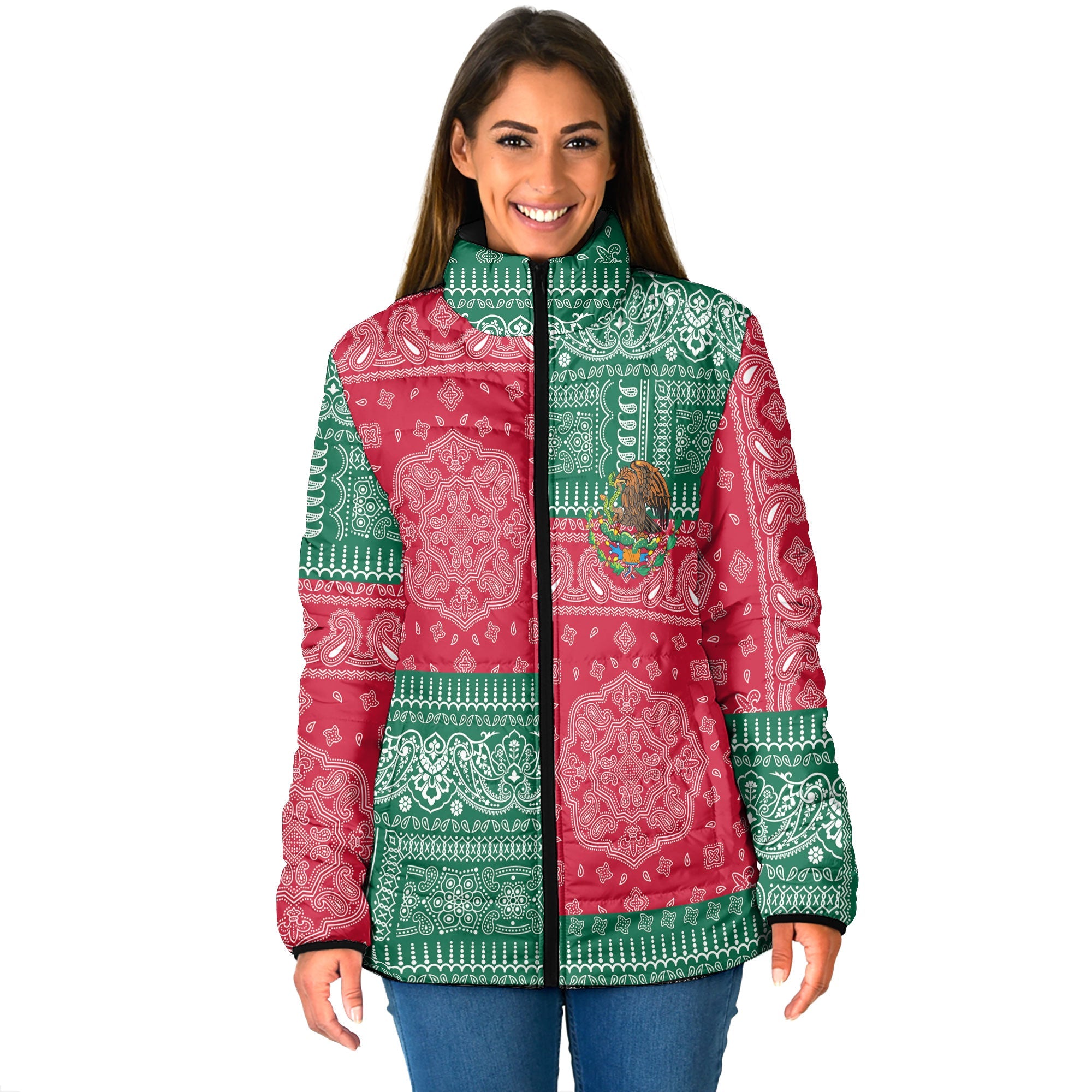 Mexico Women Padded Jacket Flag And Paisley Basic Style 1