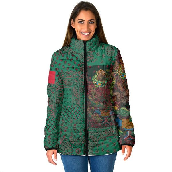 Mexico Women Padded Jacket Paisley Flag And Skull Style 1