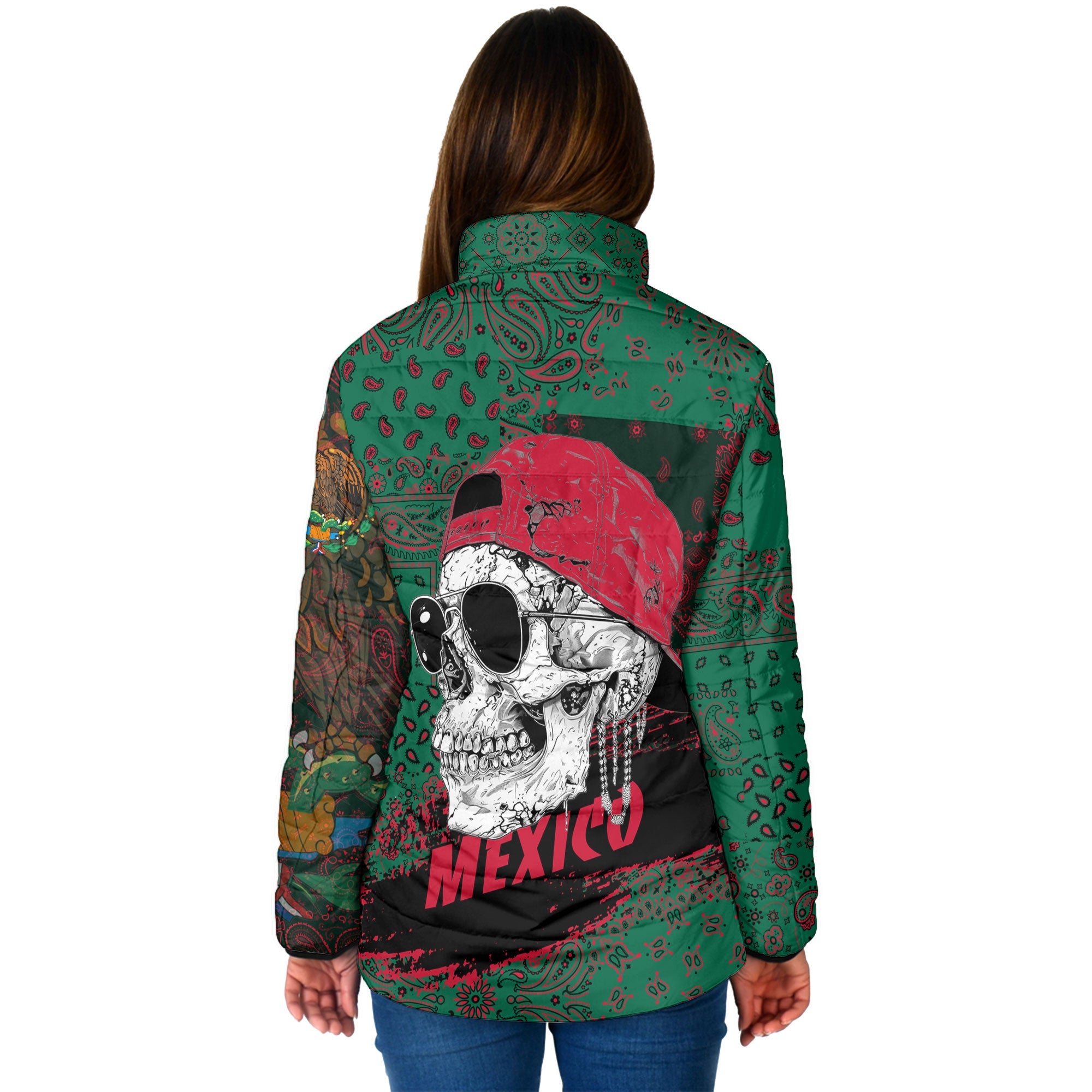 Mexico Women Padded Jacket Paisley Flag And Skull Style 2