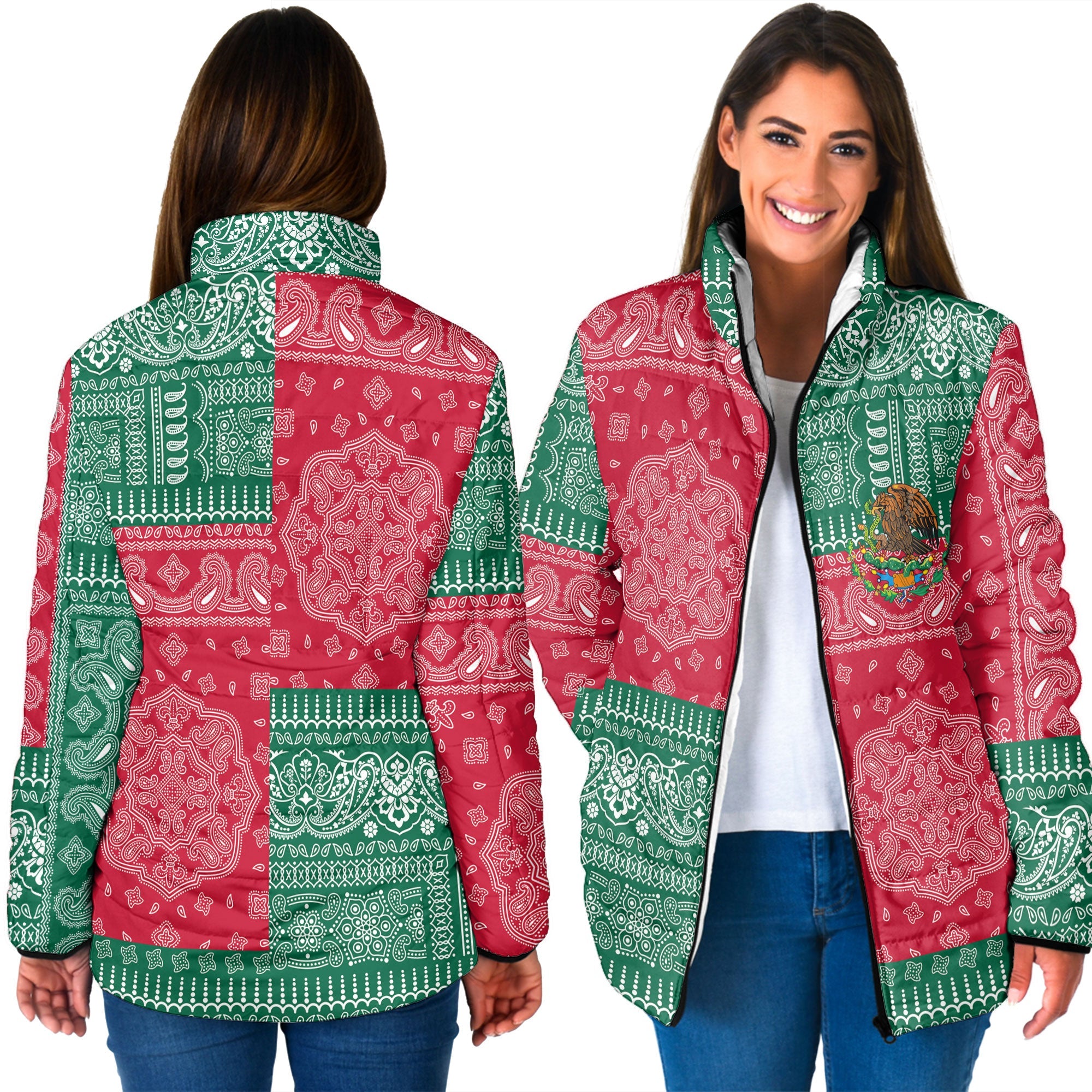 Mexico Women Padded Jacket Flag And Paisley Basic Style 3