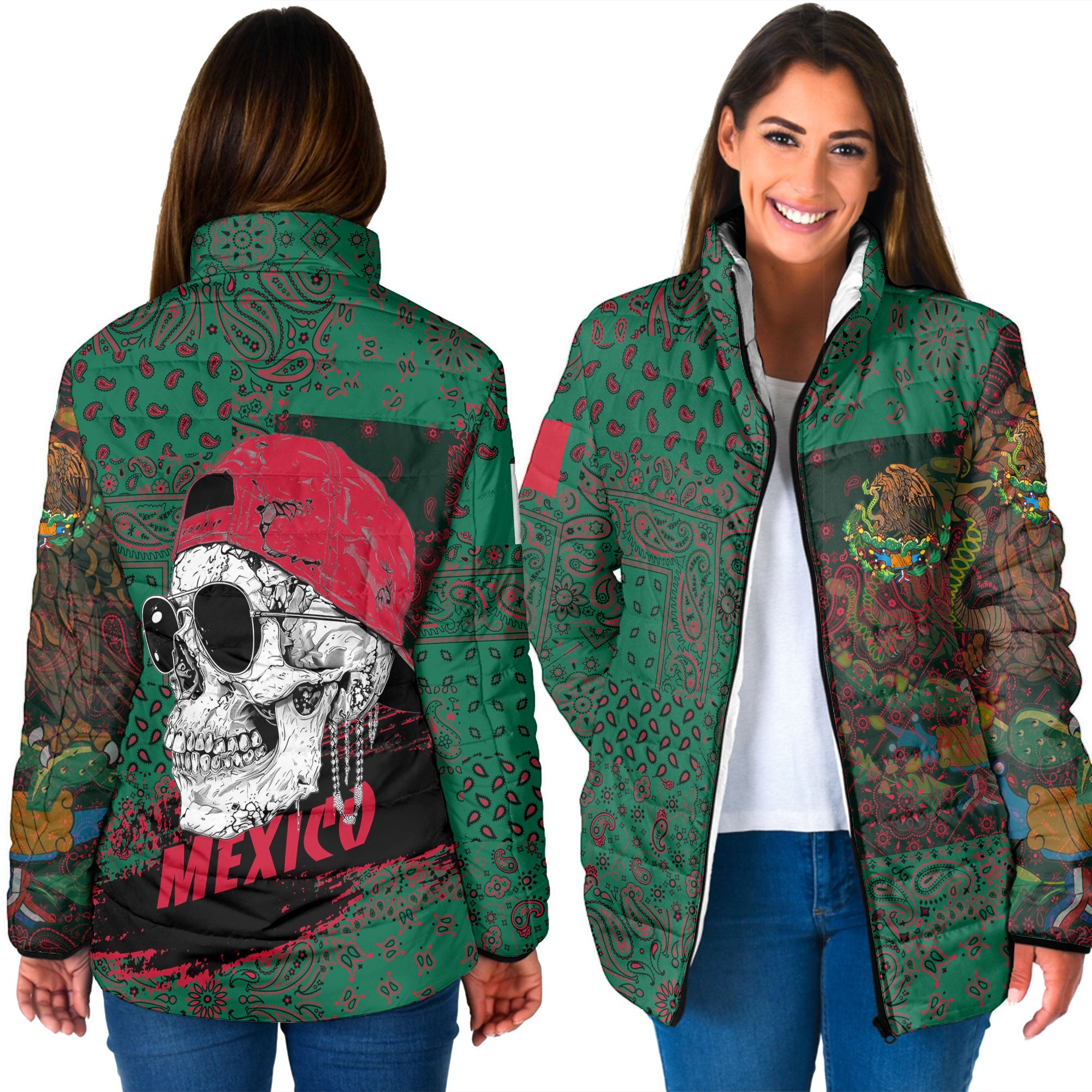 Mexico Women Padded Jacket Paisley Flag And Skull Style 3