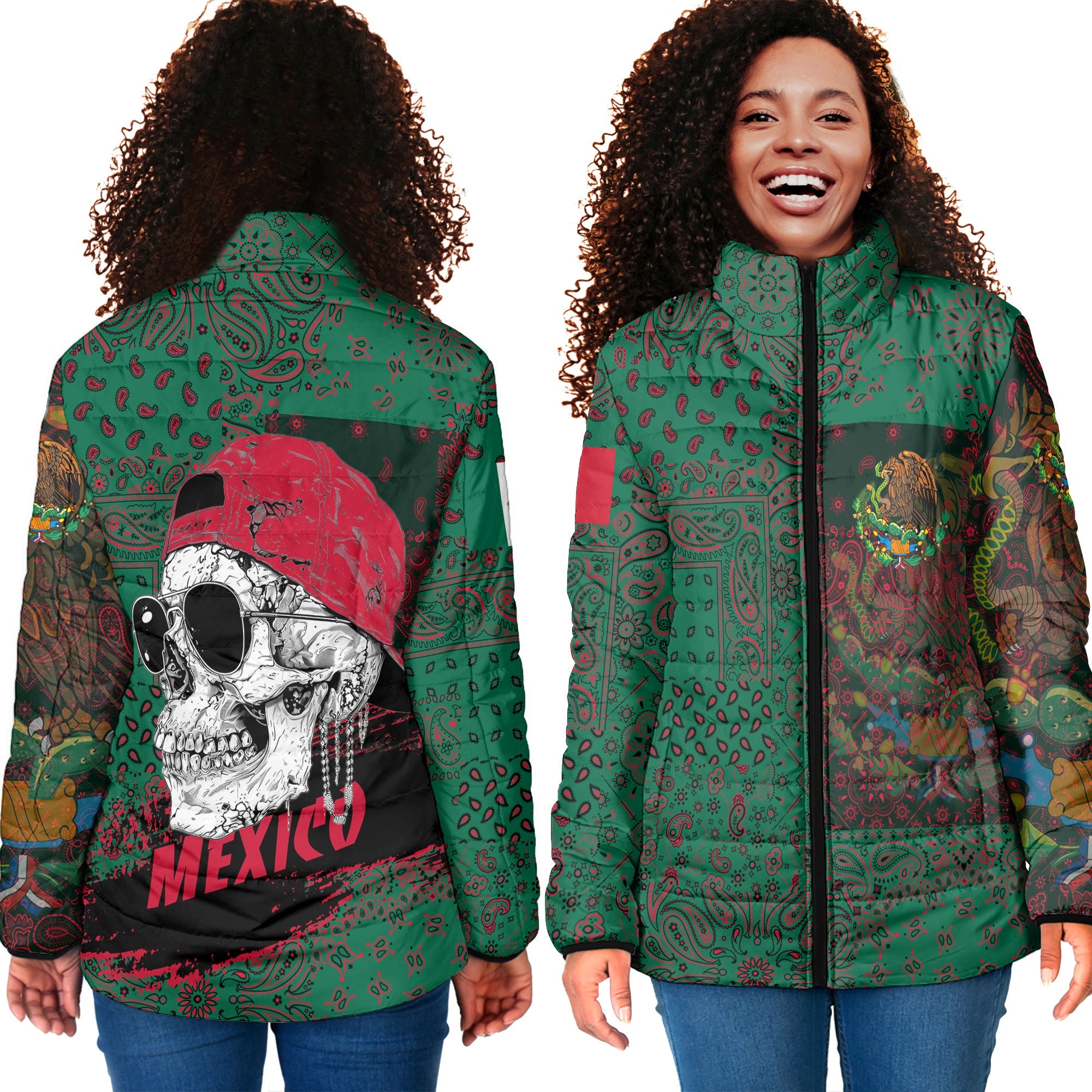 Mexico Women Padded Jacket Paisley Flag And Skull Style 4