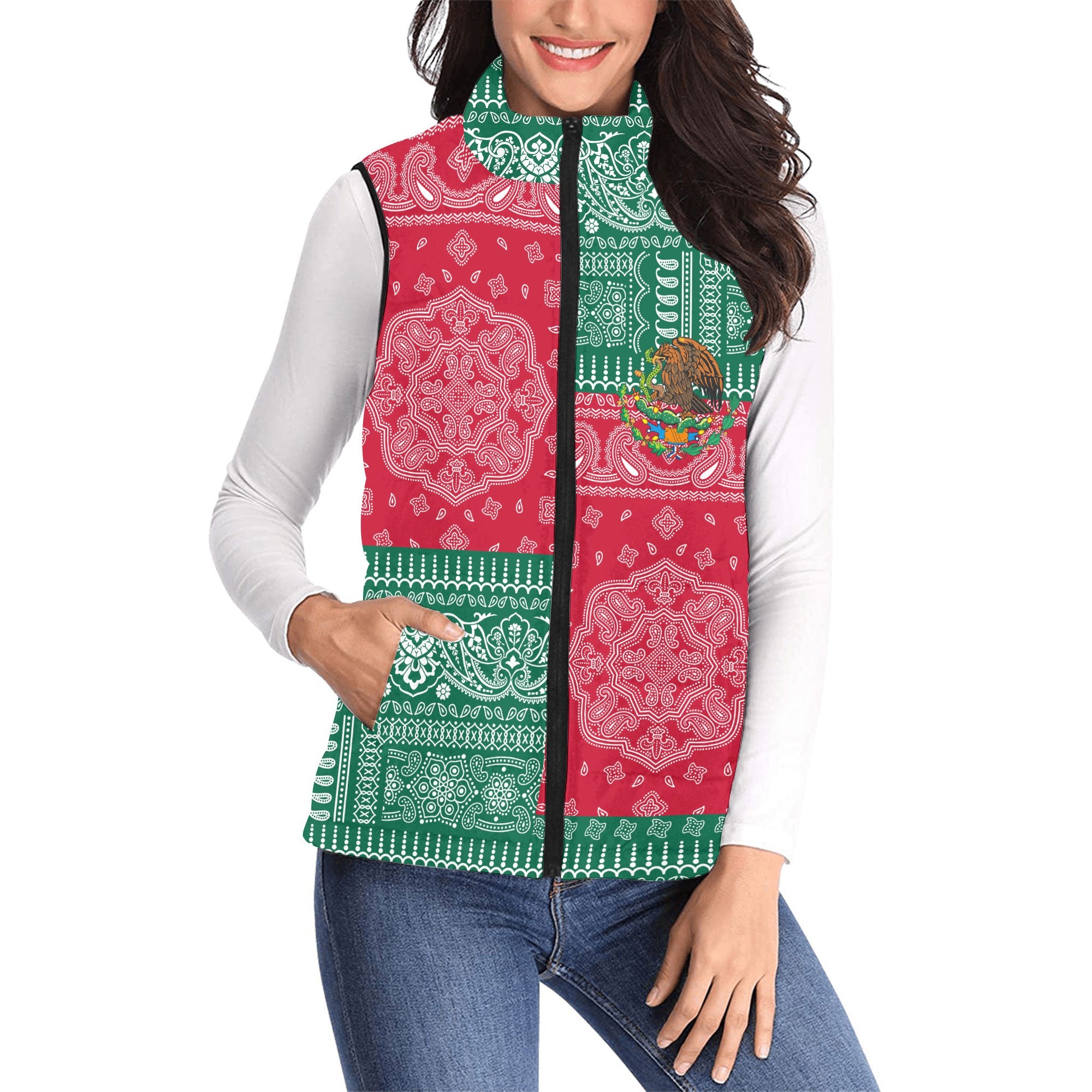 Mexico Women Padded Jacket Vest Flag And Paisley Basic Style 1