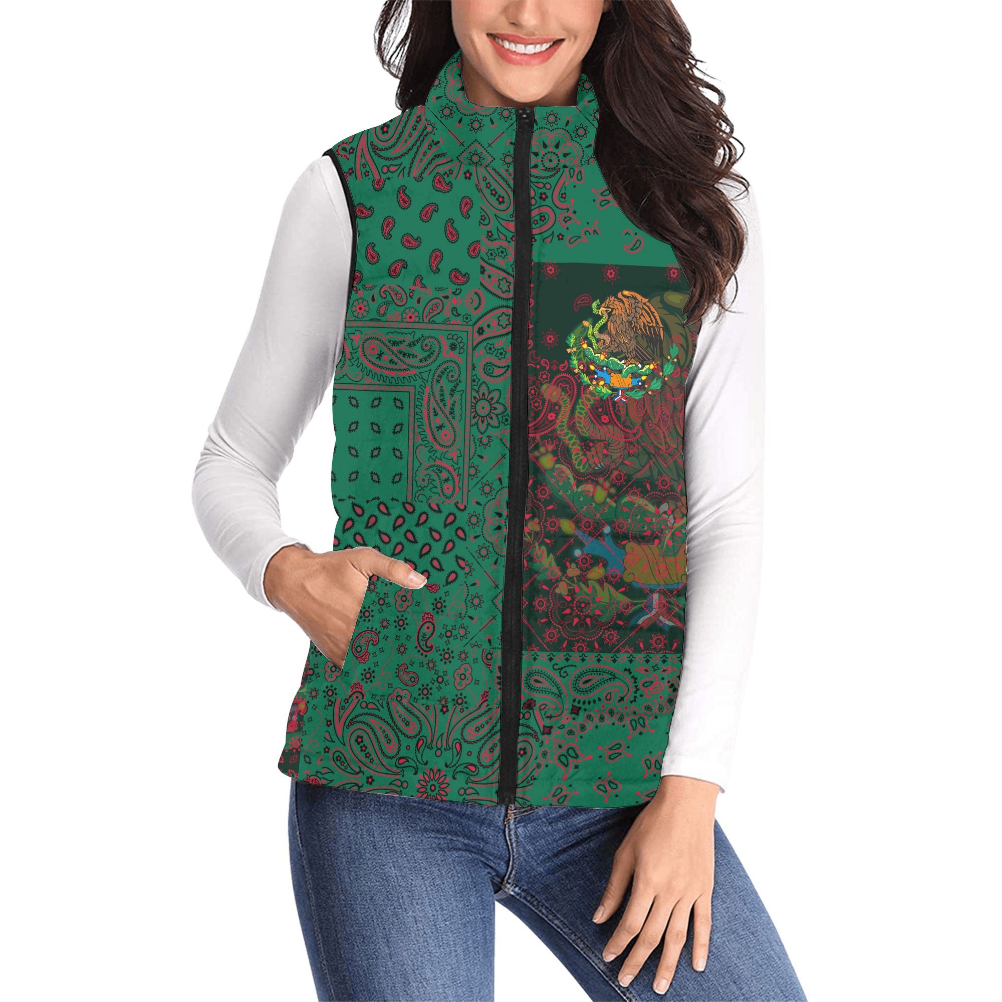 Mexico Women Padded Jacket Vest Paisley Flag And Skull Style 1