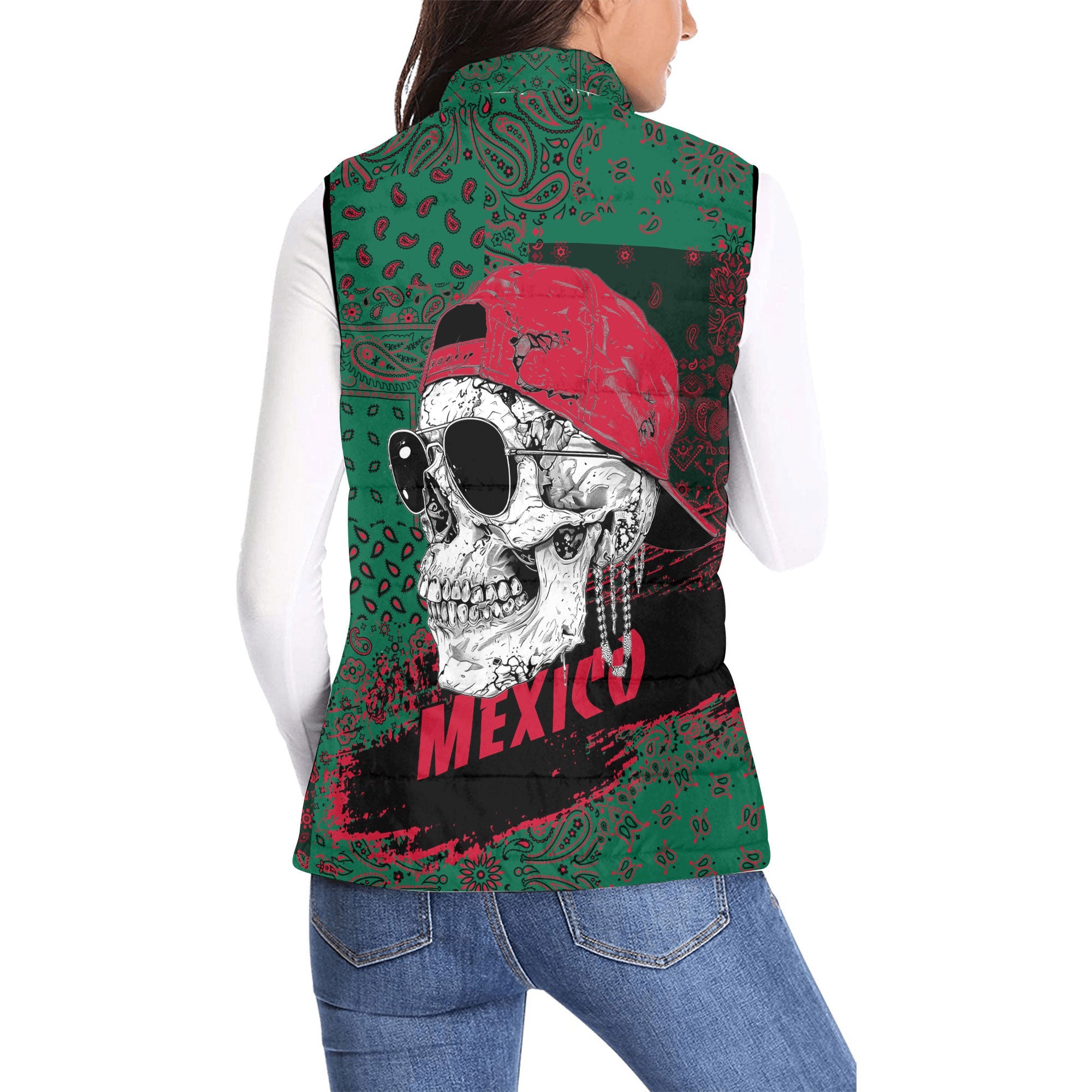 Mexico Women Padded Jacket Vest Paisley Flag And Skull Style 2