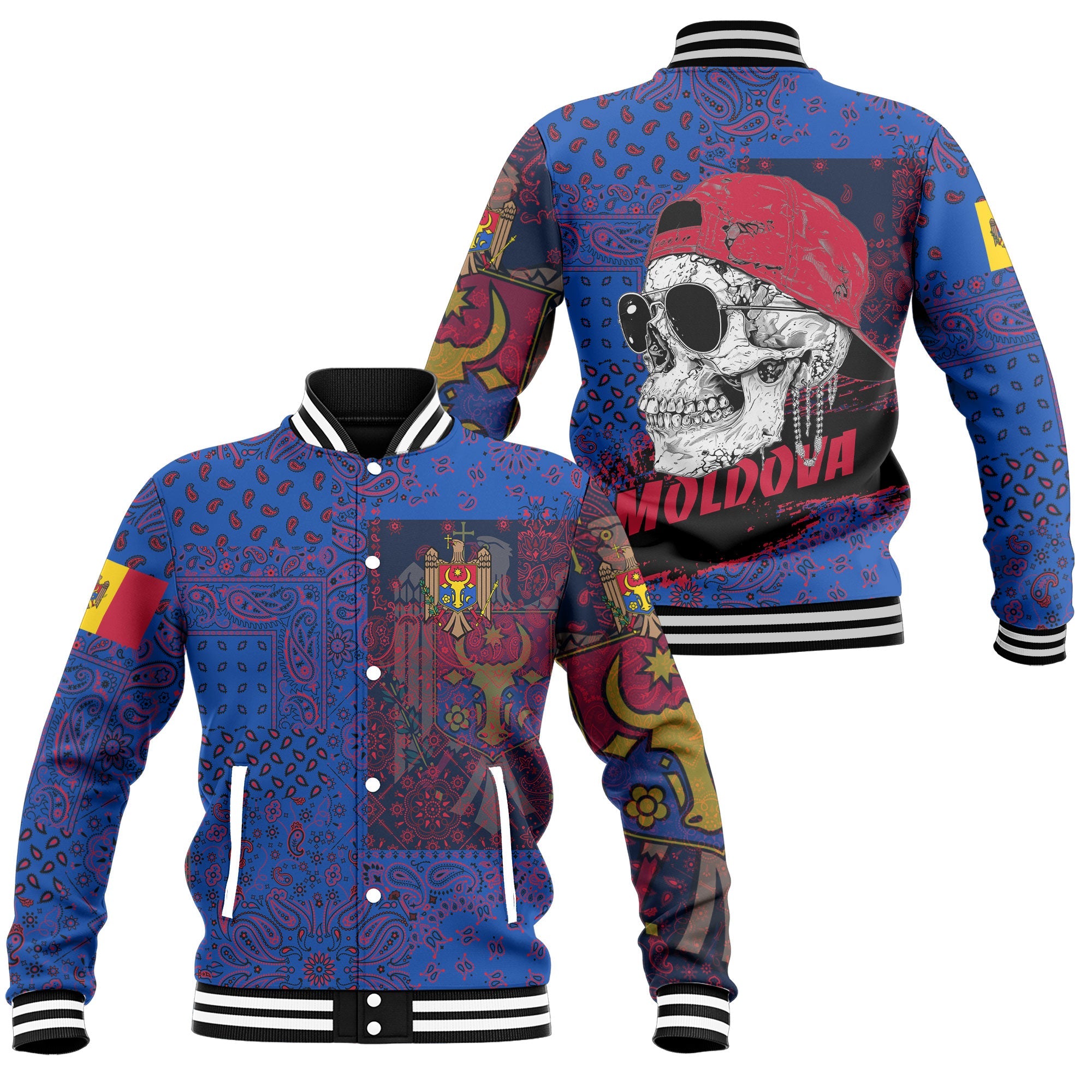 Moldova Baseball Jacket Paisley Flag And Skull Style 1