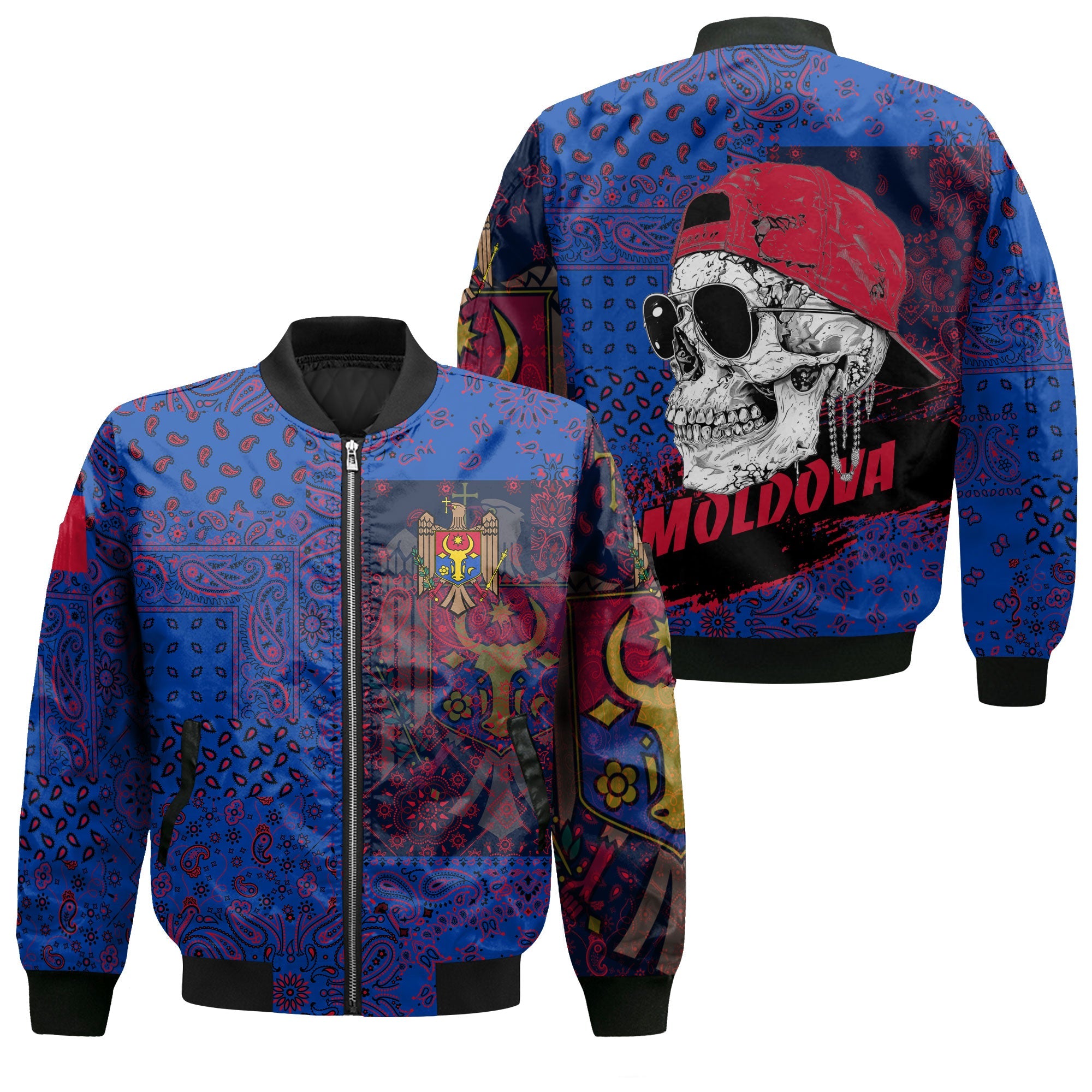 Moldova Bomber Jacket Paisley Flag And Skull Style 1