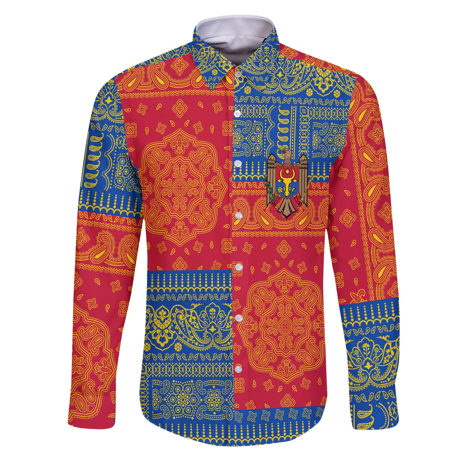 Moldova Long Sleeve Button Shirt Flag And Paisley Basic Style 1