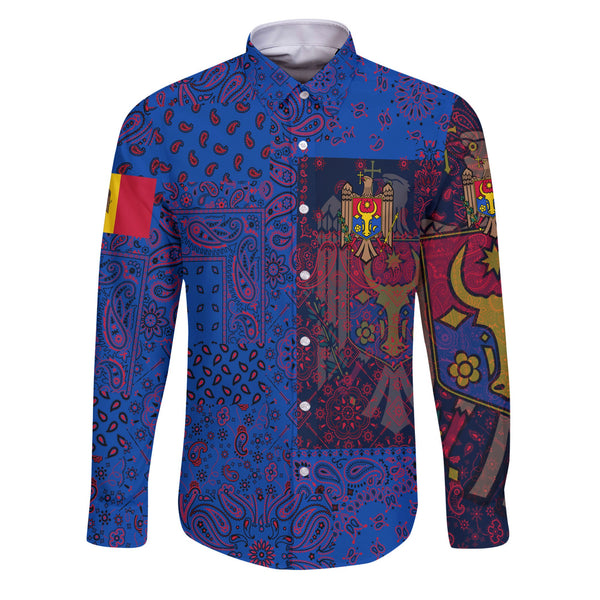 Moldova Long Sleeve Button Shirt Paisley Flag And Skull Style 1