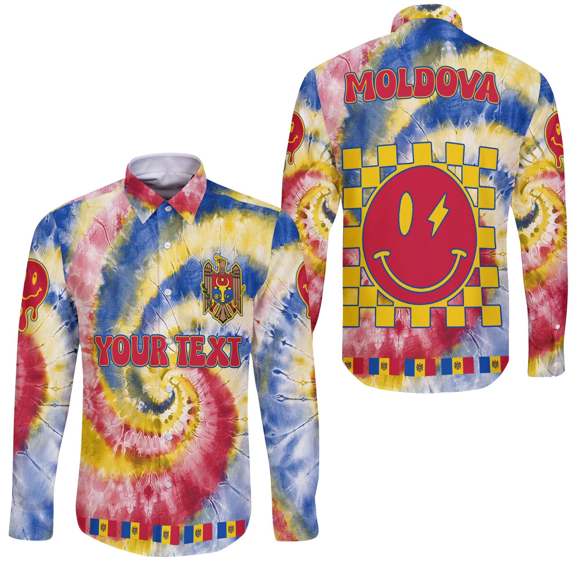 Moldova Long Sleeve Button Shirt Custom Tie Dye Style 3