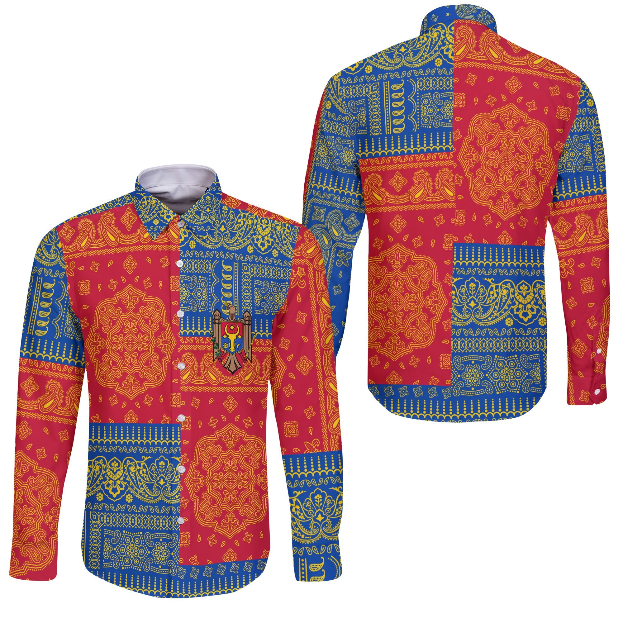 Moldova Long Sleeve Button Shirt Flag And Paisley Basic Style 3