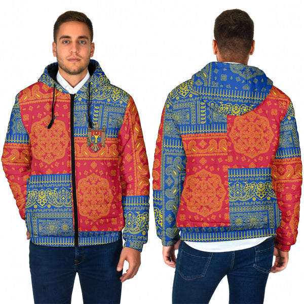 Moldova Men Hooded Padded Jacket Flag And Paisley Basic Style 1