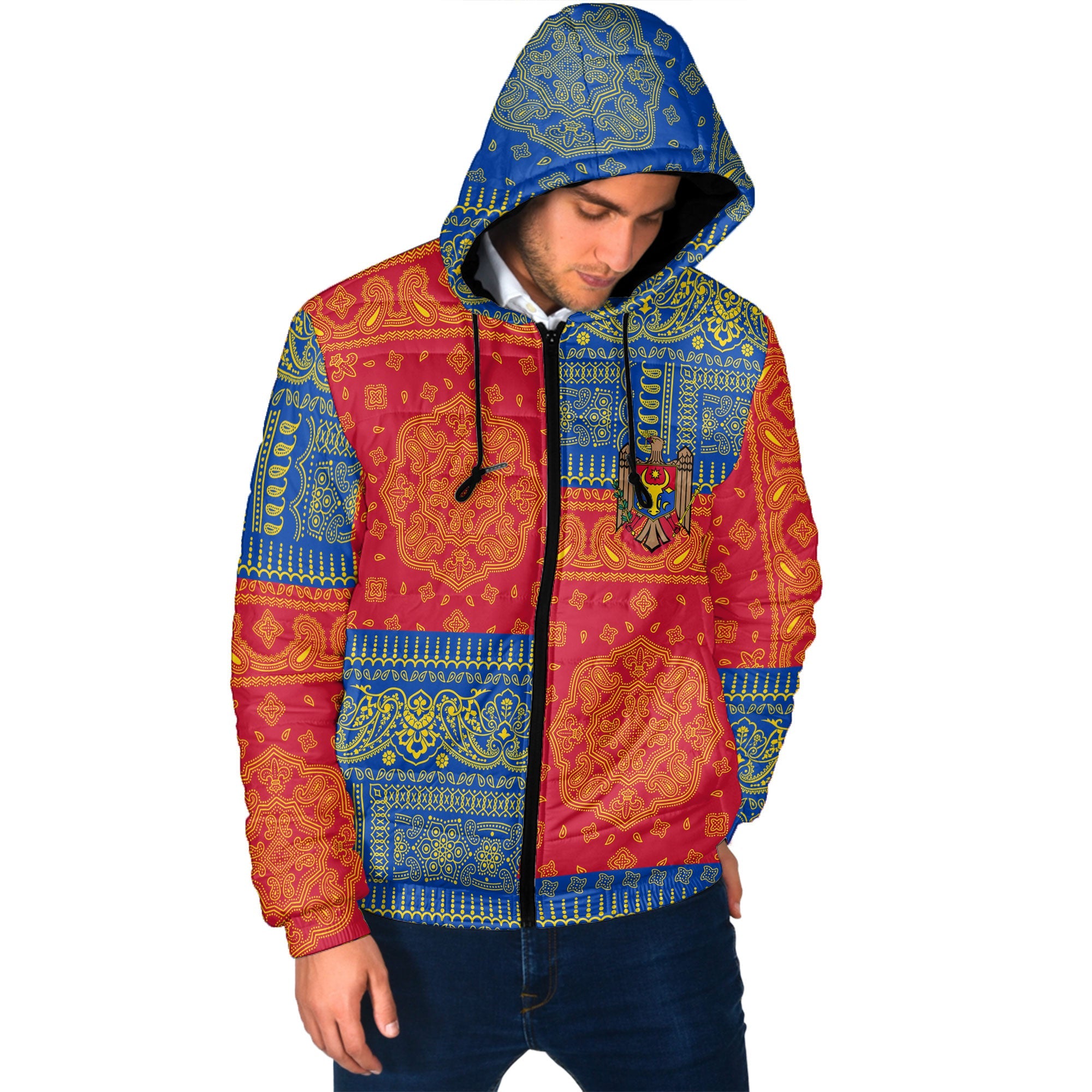 Moldova Men Hooded Padded Jacket Flag And Paisley Basic Style 2