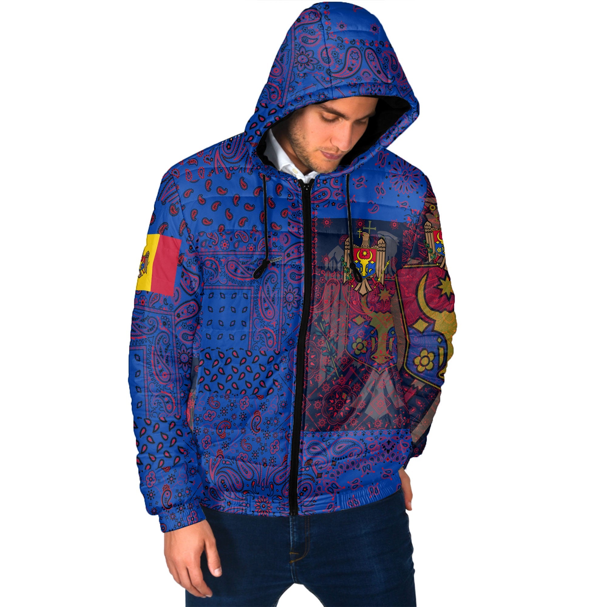 Moldova Men Hooded Padded Jacket Paisley Flag And Skull Style 2