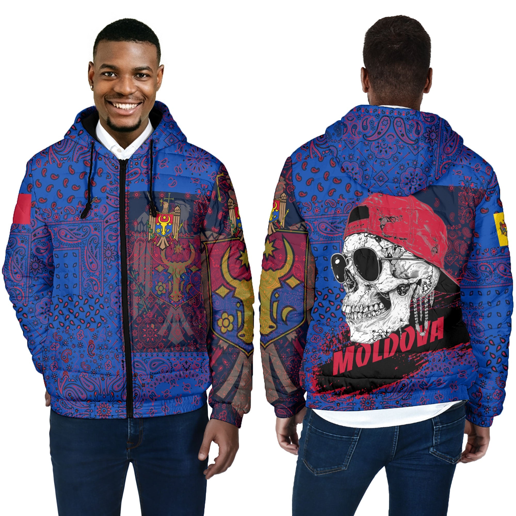 Moldova Men Hooded Padded Jacket Paisley Flag And Skull Style 4