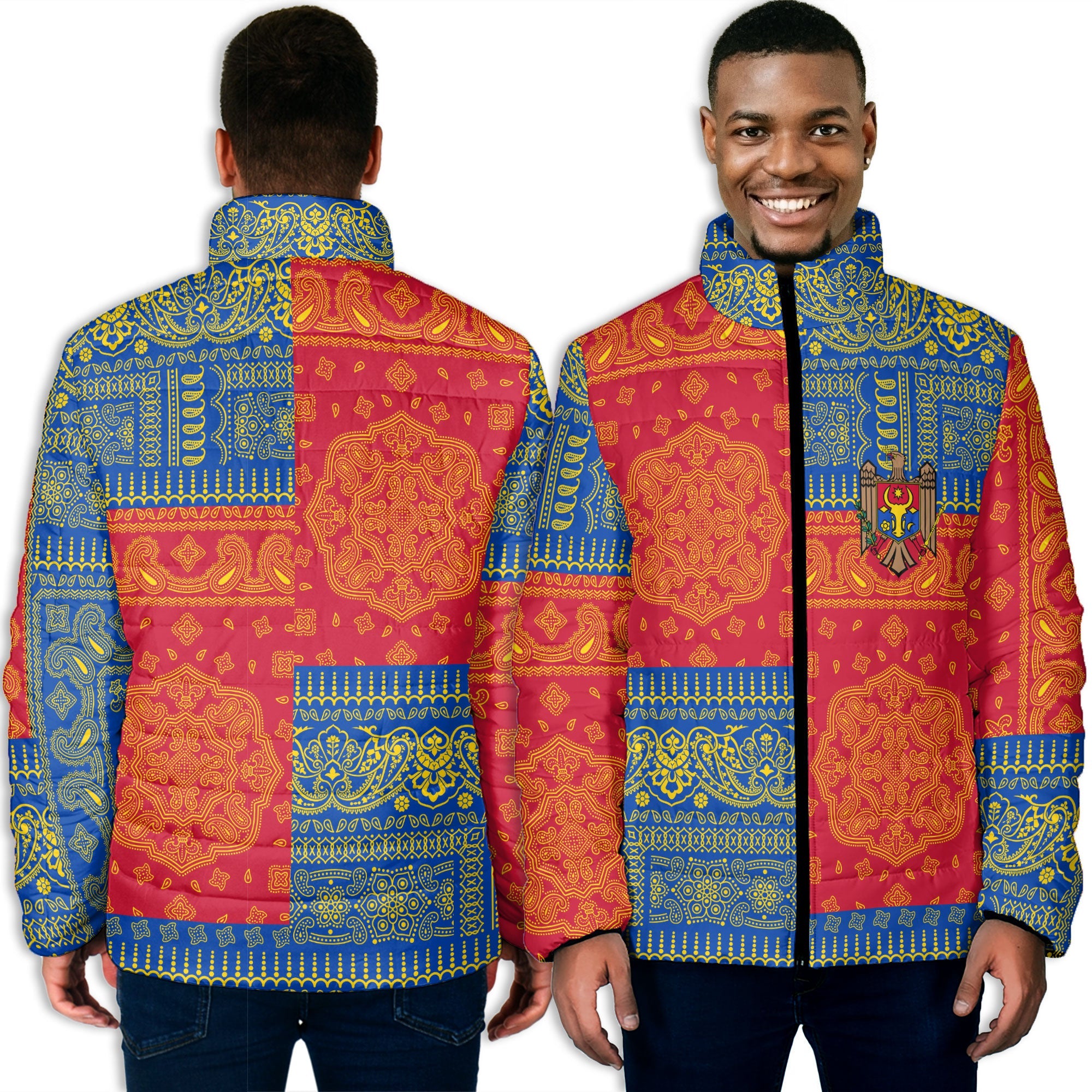 Moldova Men Padded Jacket Flag And Paisley Basic Style 3