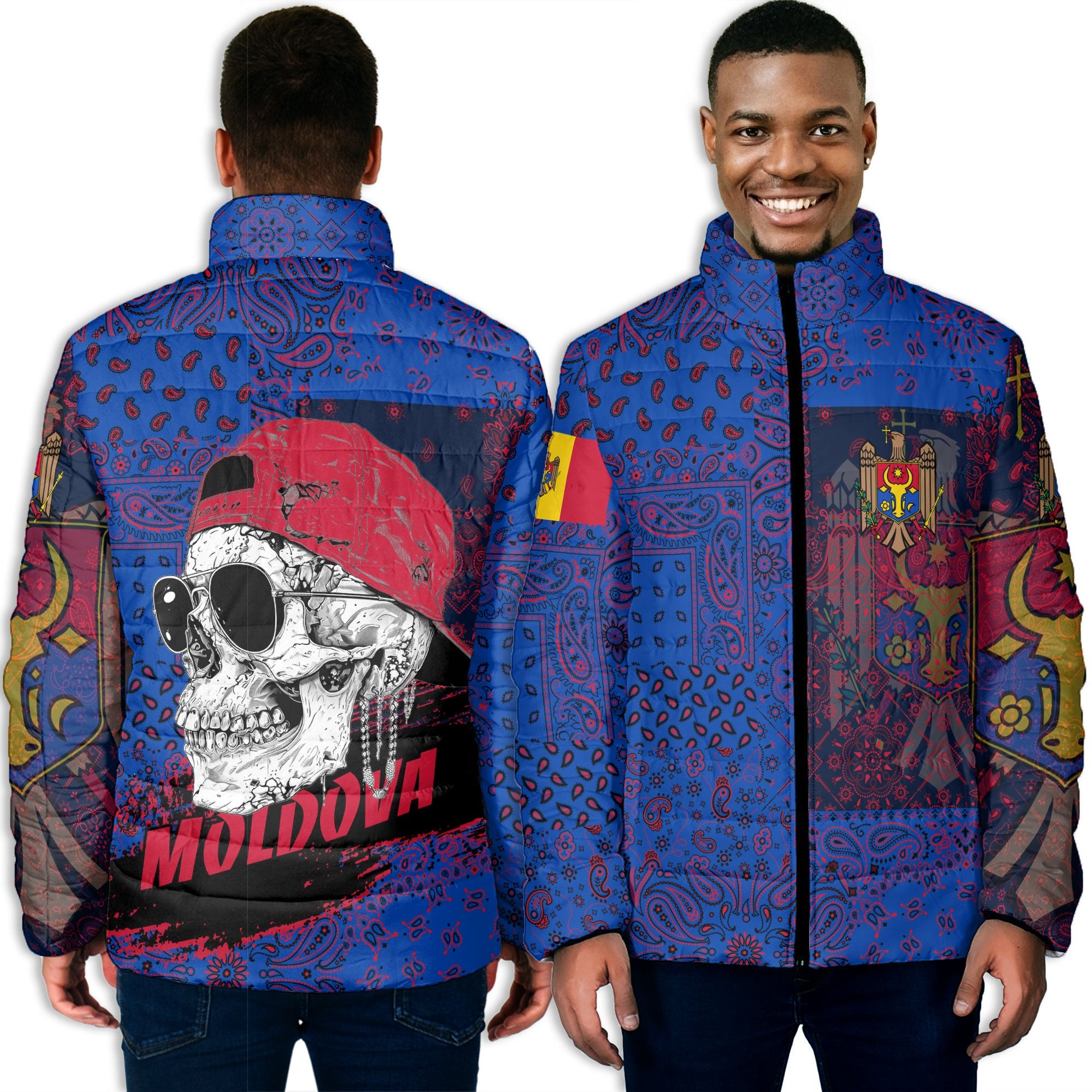 Moldova Men Padded Jacket Paisley Flag And Skull Style 3