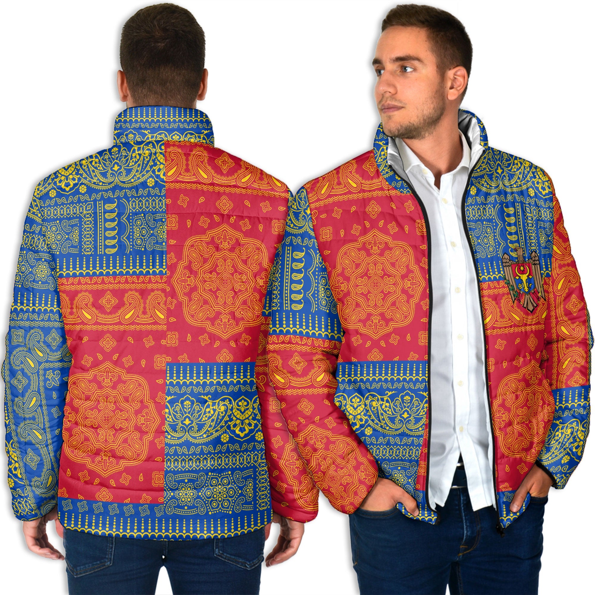 Moldova Men Padded Jacket Flag And Paisley Basic Style 4