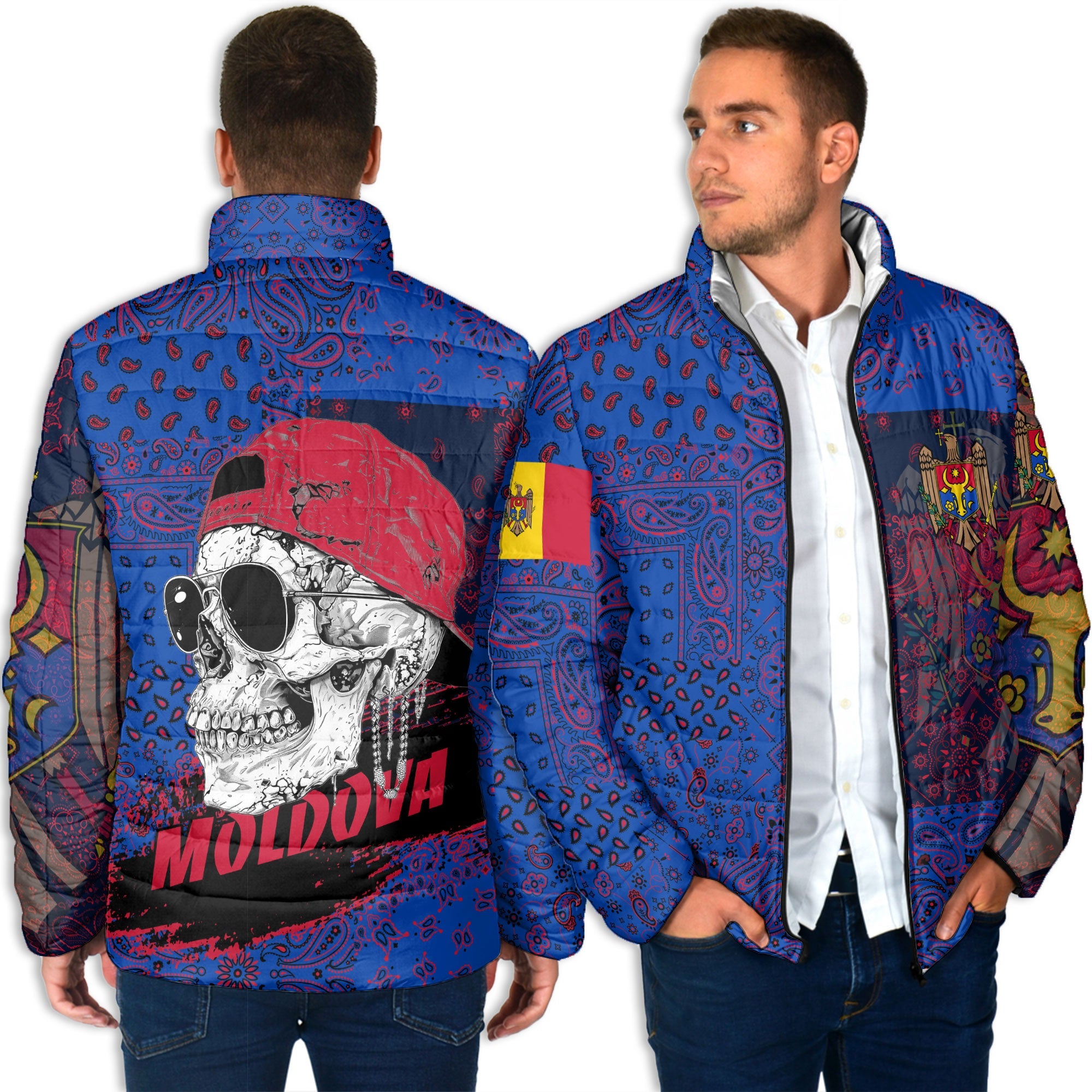 Moldova Men Padded Jacket Paisley Flag And Skull Style 4